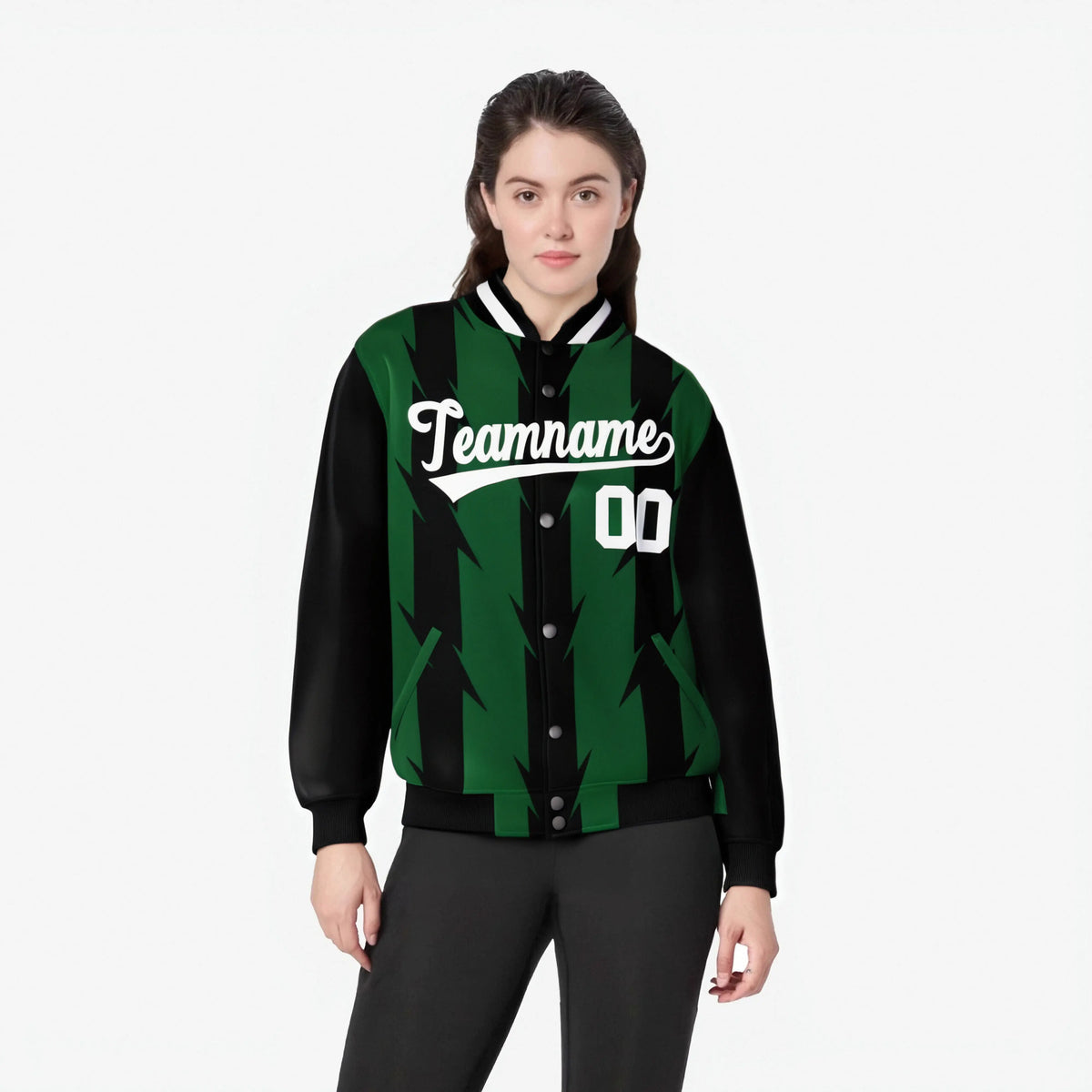 Custom Green Black-White Blade Graffiti Pattern Varsity Full-Snap Jacket