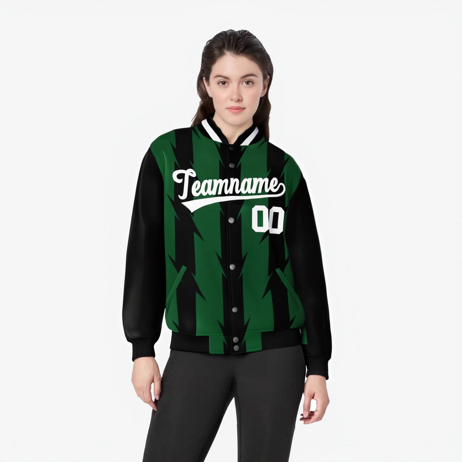 Custom Green Black-White Blade Graffiti Pattern Varsity Full-Snap Jacket