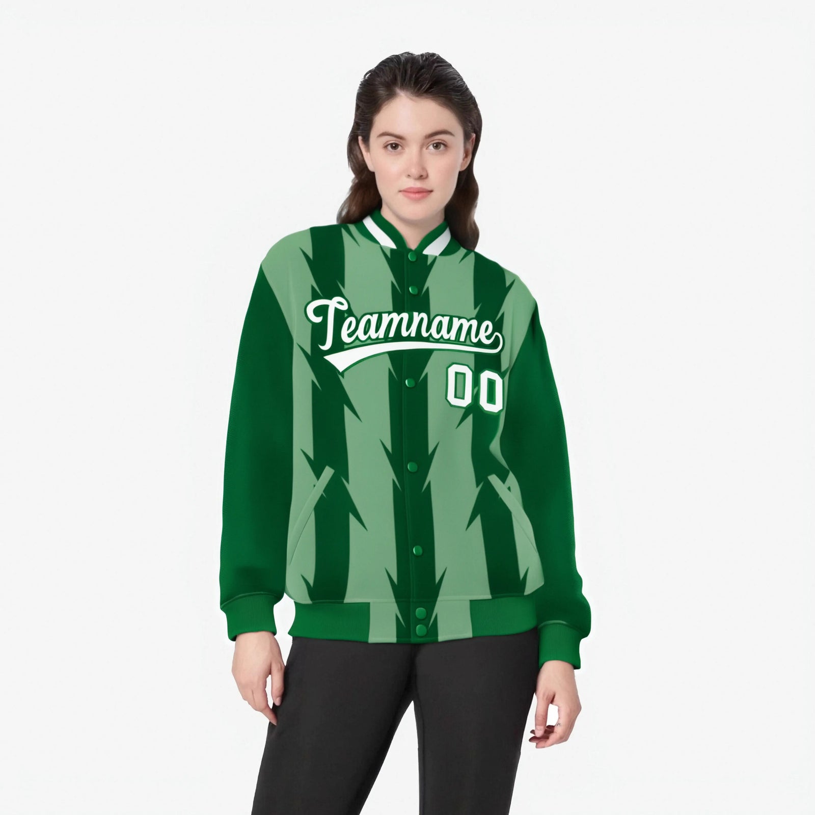 Custom Bright Green Kelly Green-White Blade Graffiti Pattern Varsity Full-Snap Jacket