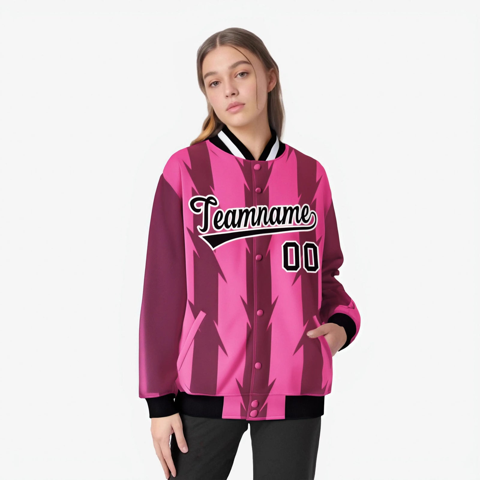 Custom Pink Light Red-White Blade Graffiti Pattern Varsity Full-Snap Jacket