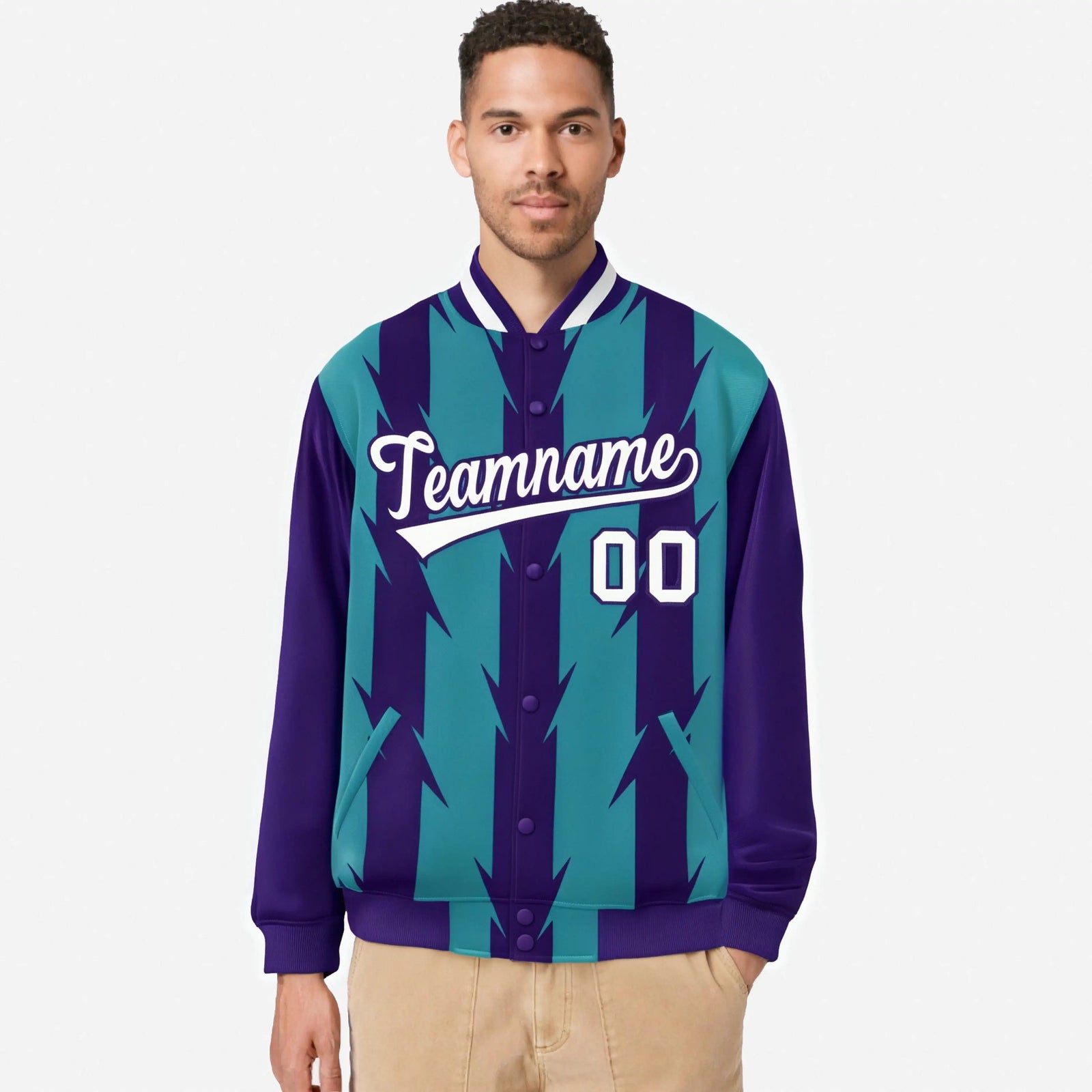 Custom Aqua Purple-White Blade Graffiti Pattern Varsity Full-Snap Jacket