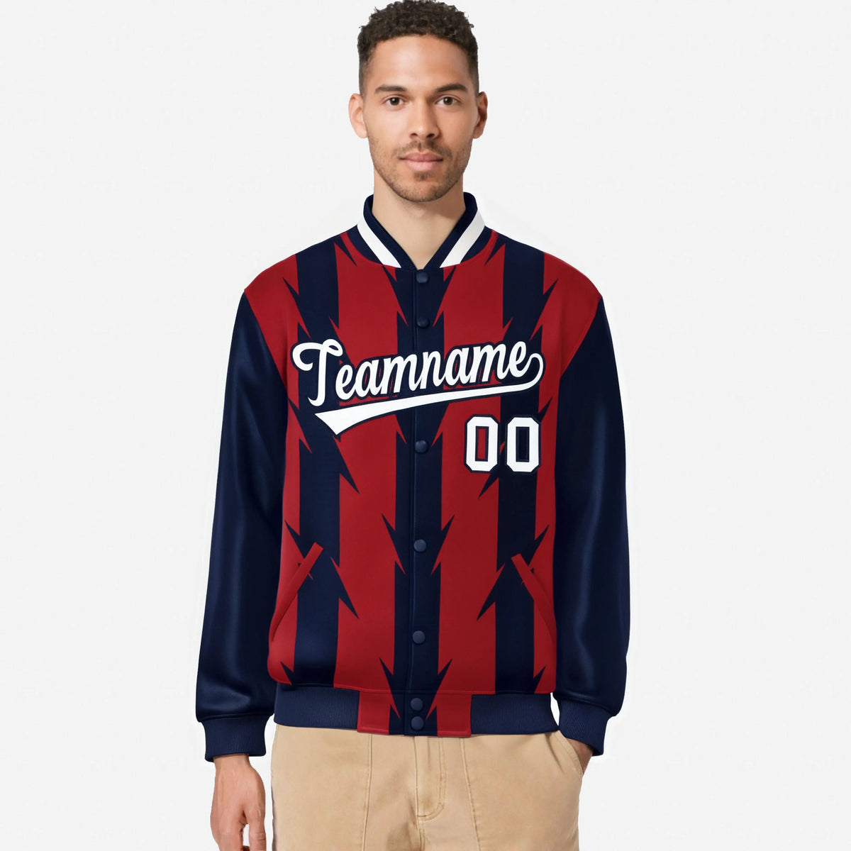 Custom Red Navy-White Blade Graffiti Pattern Varsity Full-Snap Jacket