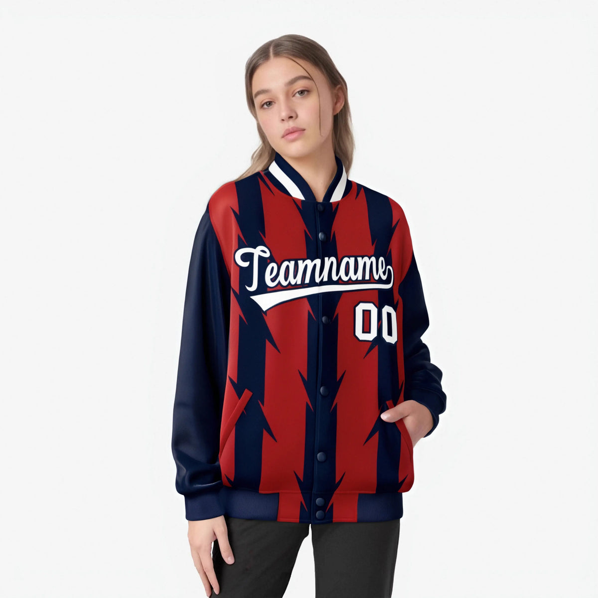 Custom Red Navy-White Blade Graffiti Pattern Varsity Full-Snap Jacket