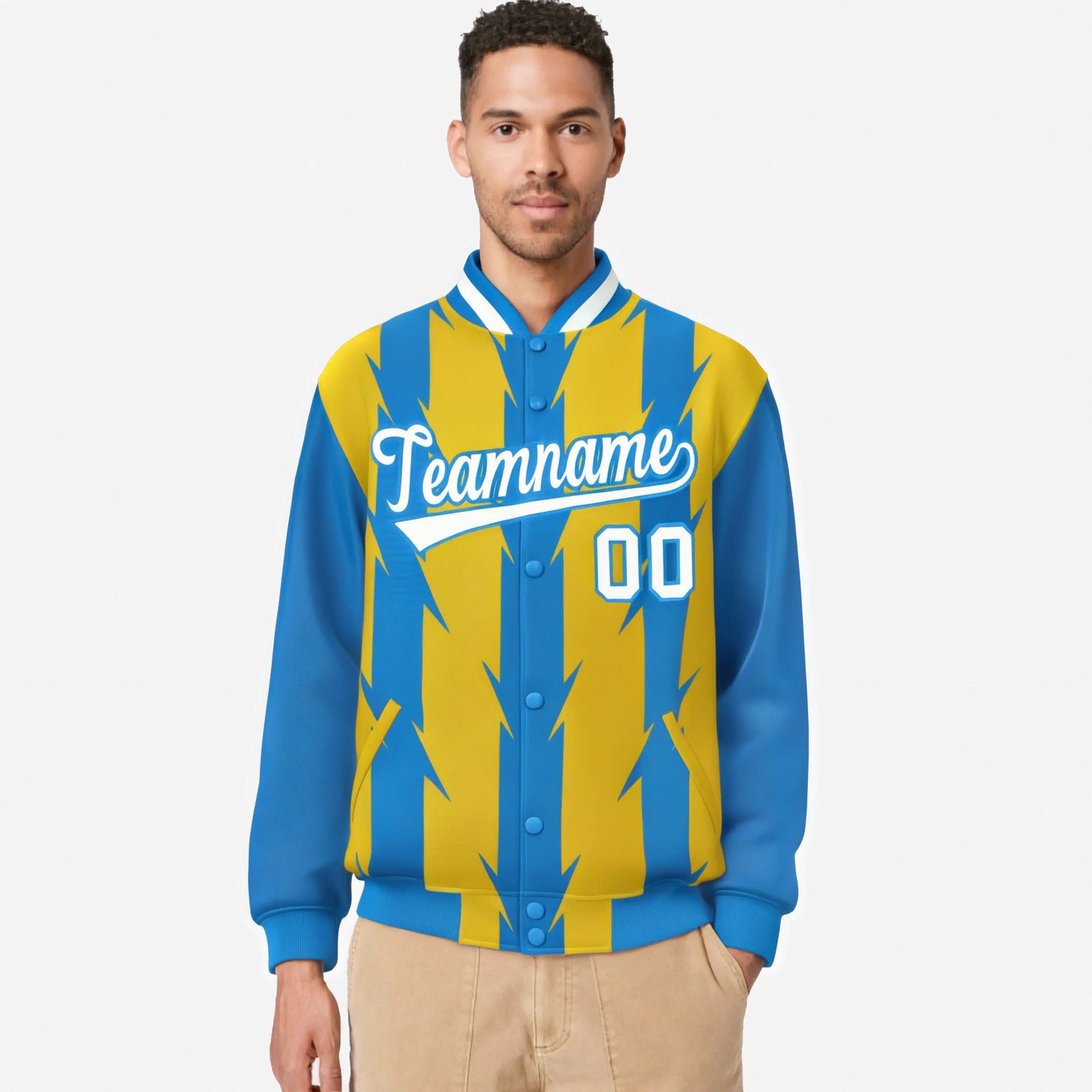 Custom Gold Powder Blue-White Blade Graffiti Pattern Varsity Full-Snap Jacket