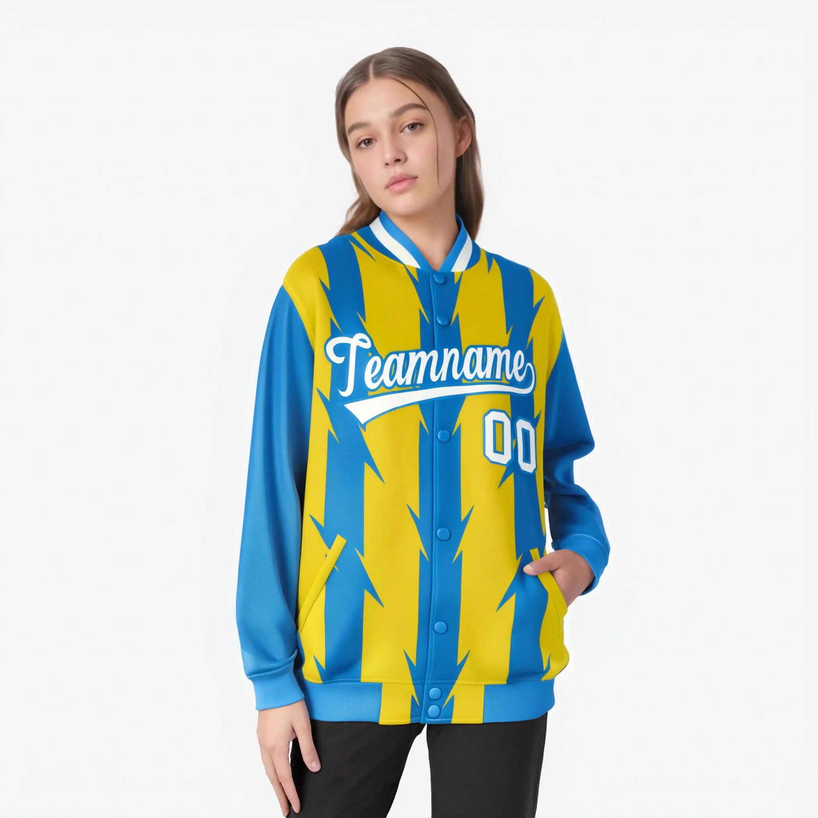 Custom Gold Powder Blue-White Blade Graffiti Pattern Varsity Full-Snap Jacket