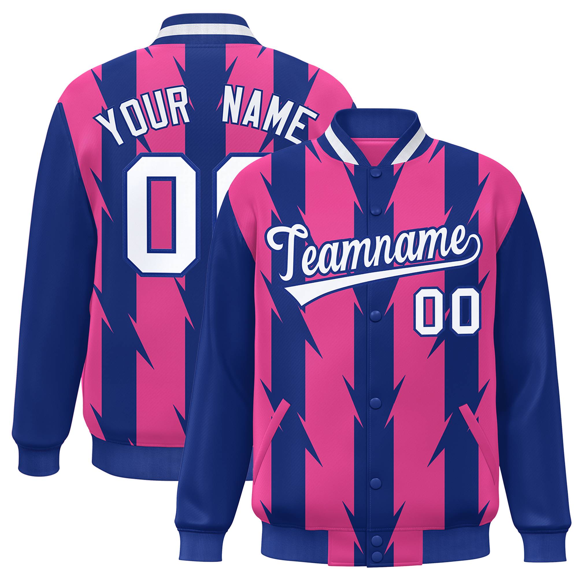 Custom Pink Royal Blue-White Blade Graffiti Pattern Varsity Full-Snap Jacket