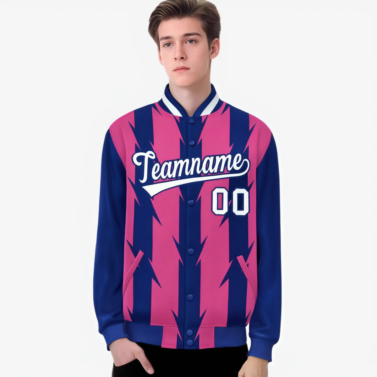 Custom Pink Royal Blue-White Blade Graffiti Pattern Varsity Full-Snap Jacket
