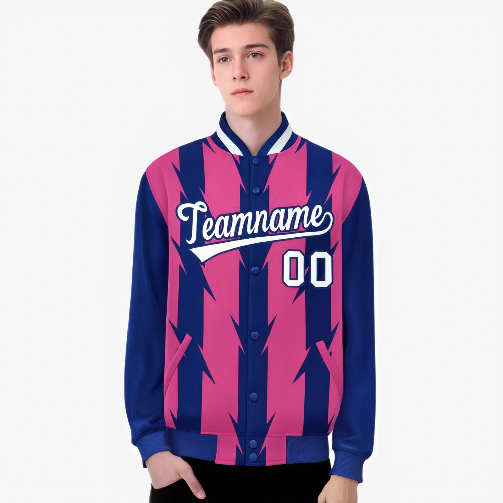 Custom Pink Royal Blue-White Blade Graffiti Pattern Varsity Full-Snap Jacket
