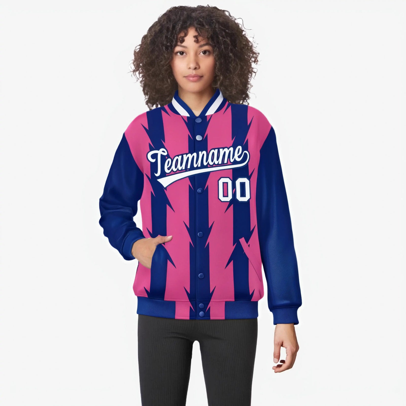 Custom Pink Royal Blue-White Blade Graffiti Pattern Varsity Full-Snap Jacket