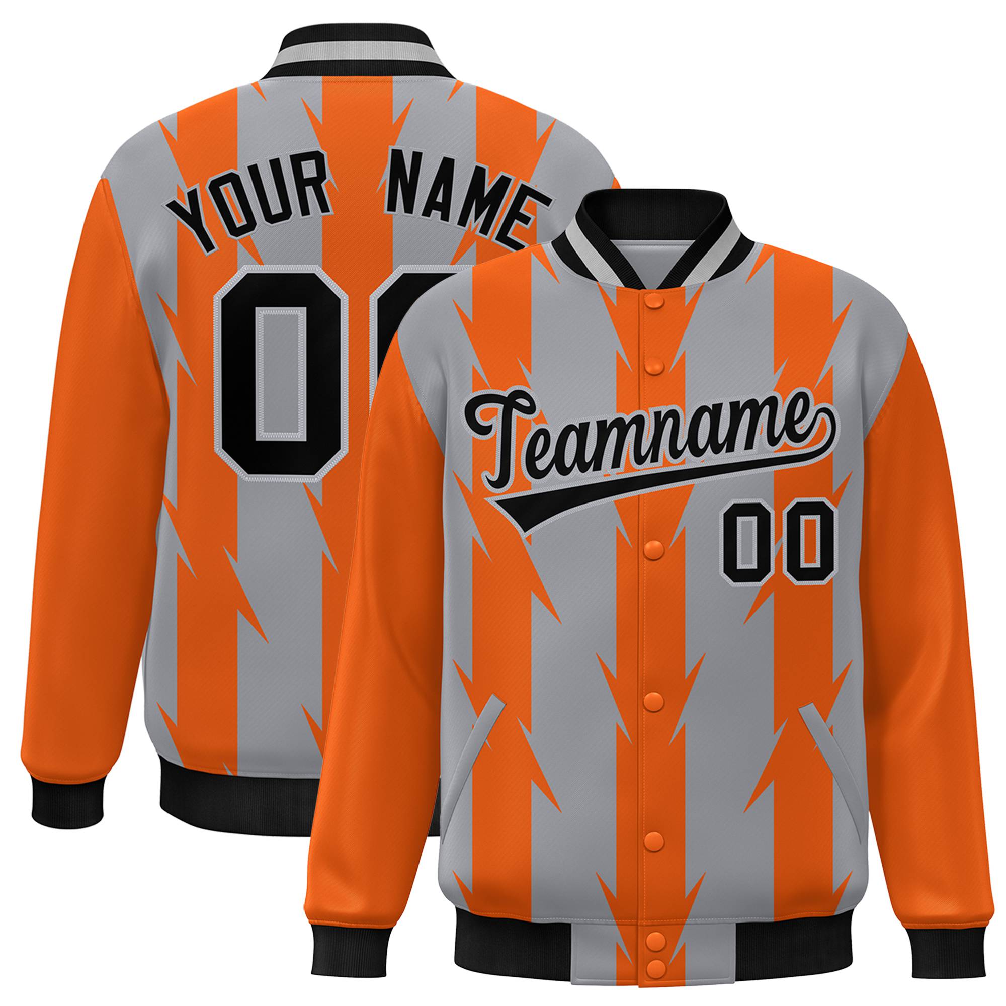 Custom Gray Orange Black Blade Graffiti Pattern Varsity Full-Snap Jacket