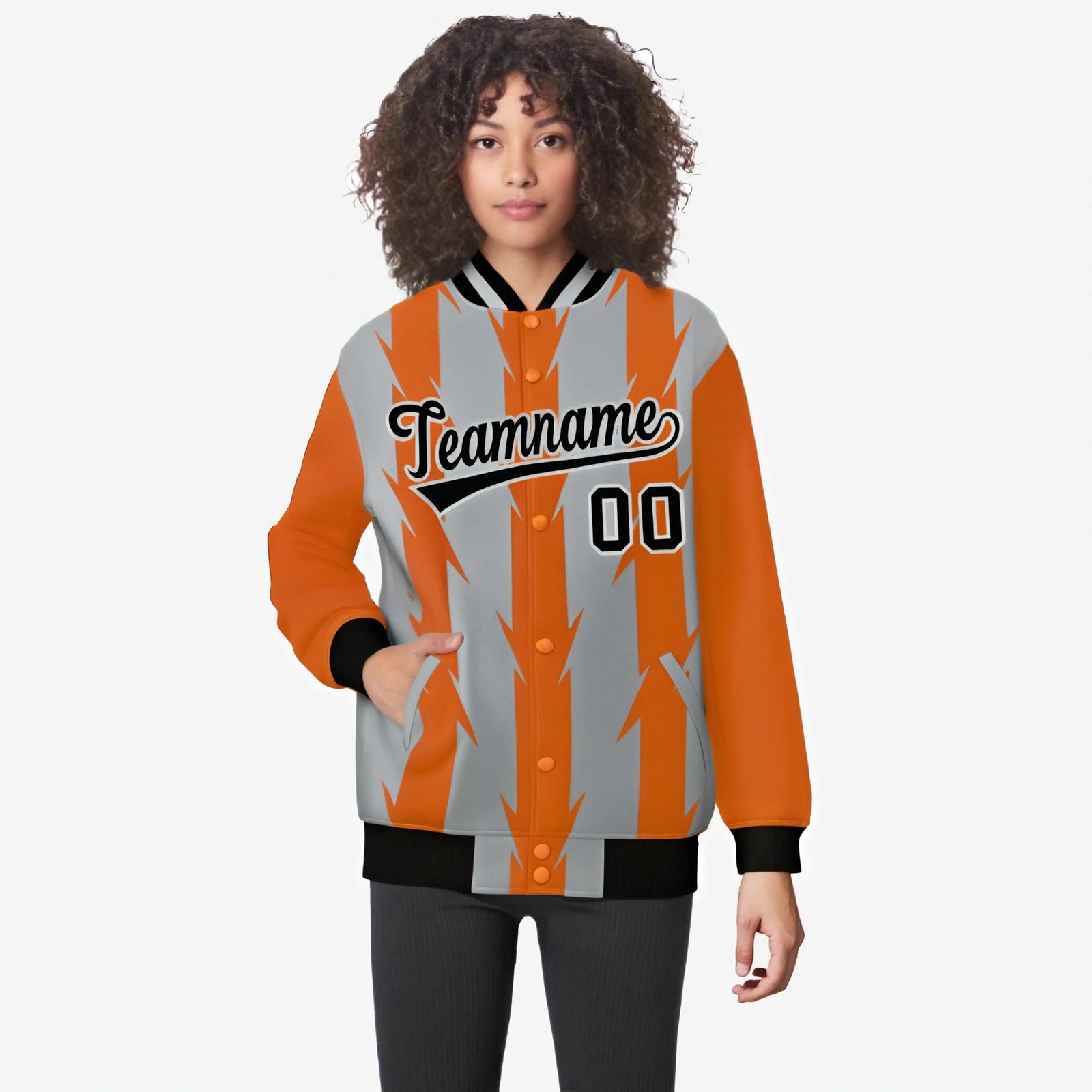 Custom Gray Orange Black Blade Graffiti Pattern Varsity Full-Snap Jacket