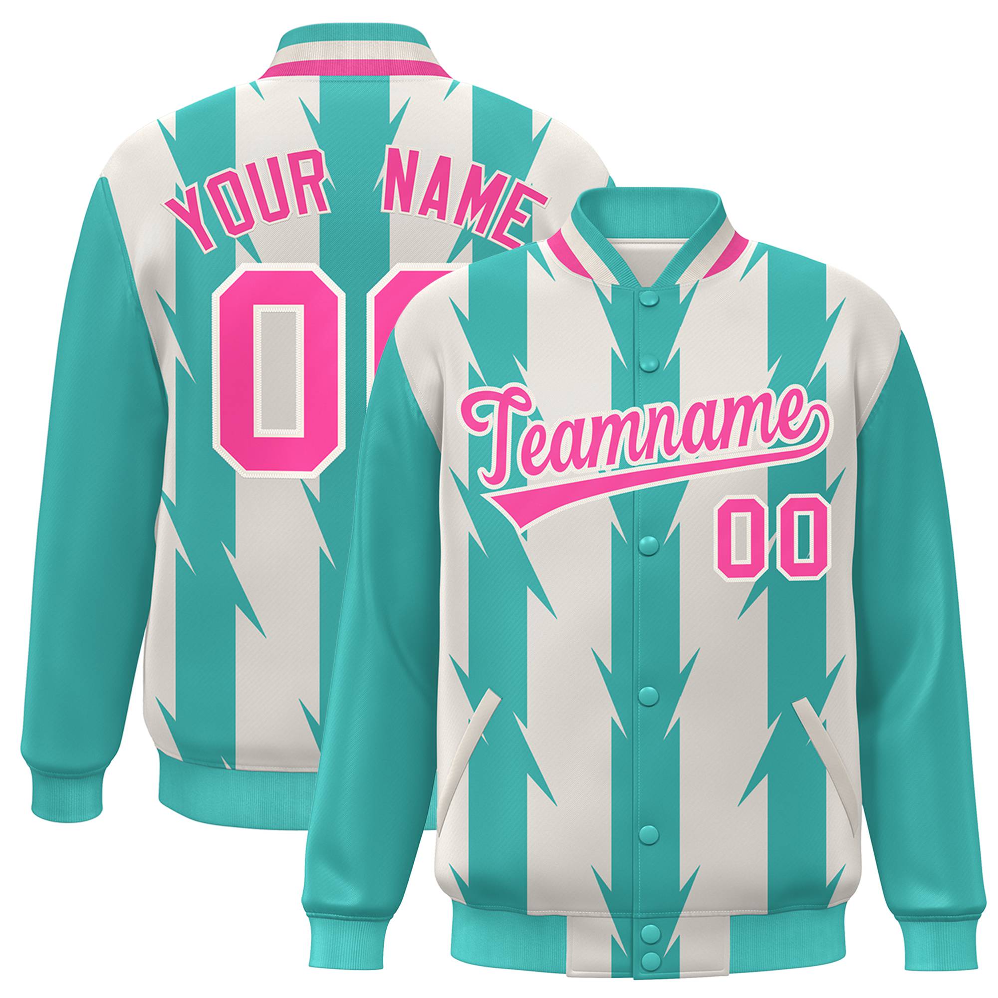 Custom Cream Aqua Pink Blade Graffiti Pattern Varsity Full-Snap Jacket