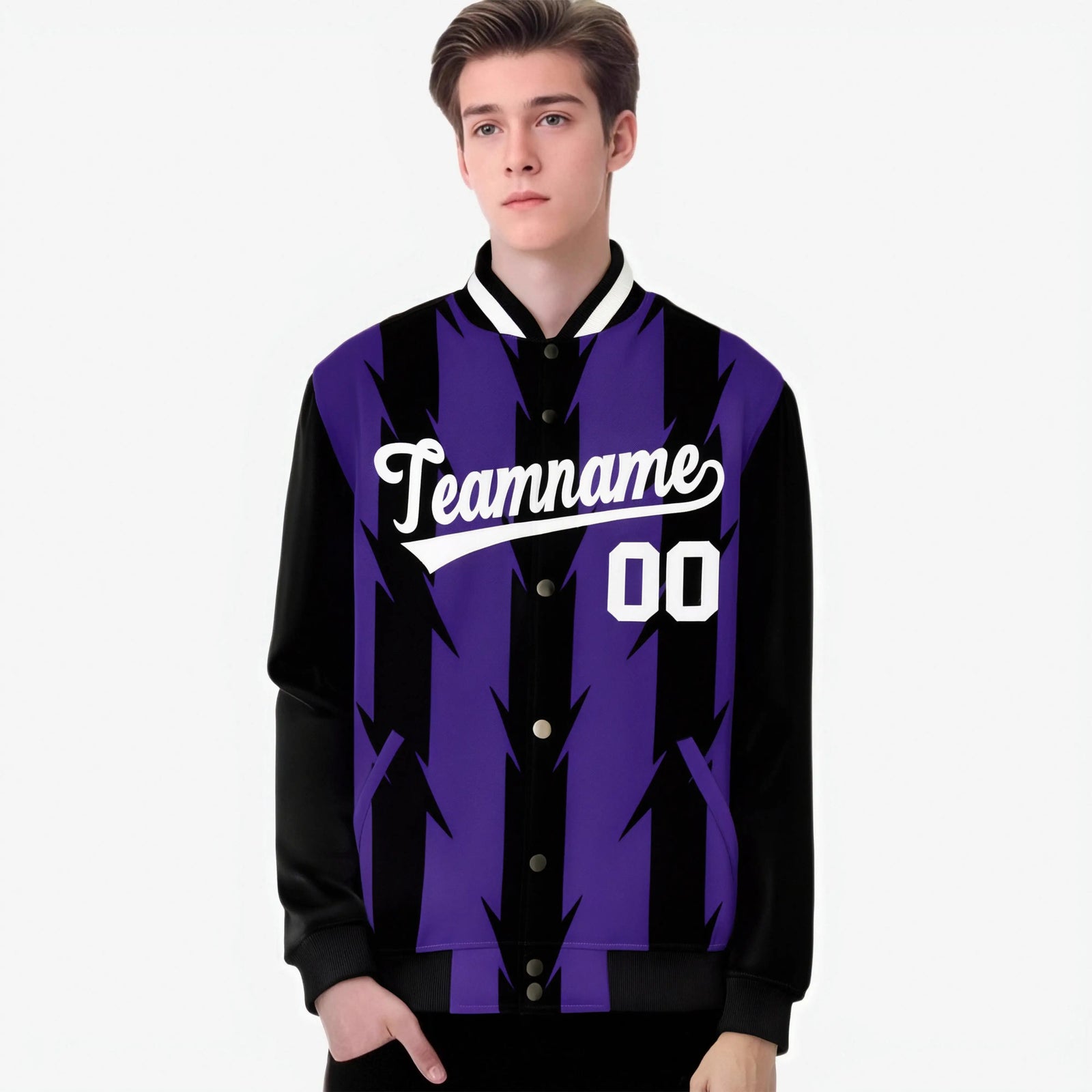 Custom Purple Black-White Blade Graffiti Pattern Varsity Full-Snap Jacket