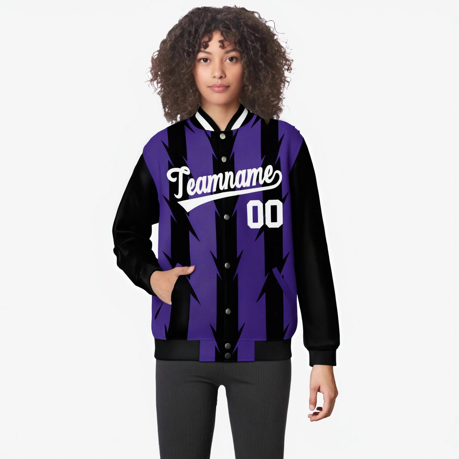 Custom Purple Black-White Blade Graffiti Pattern Varsity Full-Snap Jacket