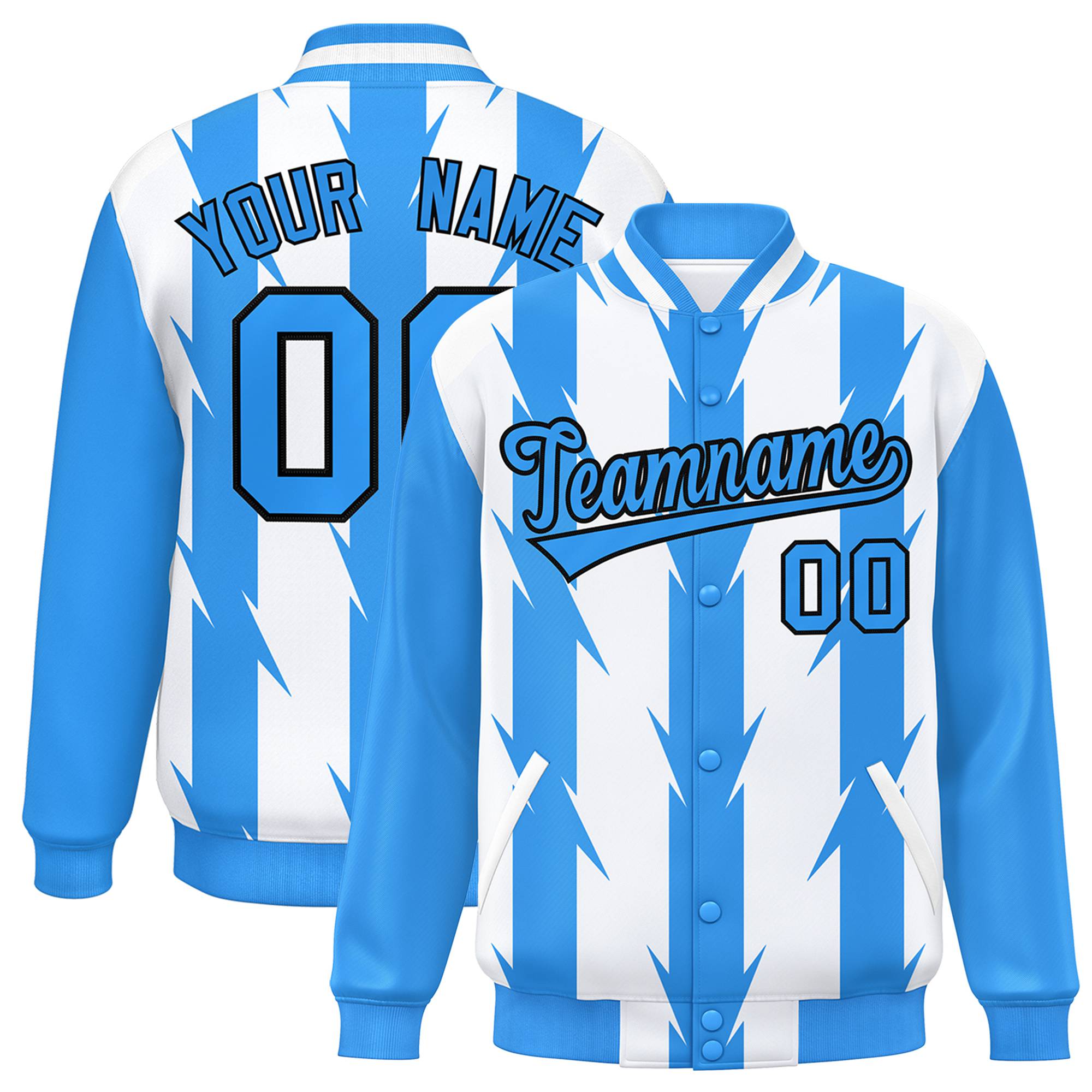 Custom White Powder Blue-Black Blade Graffiti Pattern Varsity Full-Snap Jacket