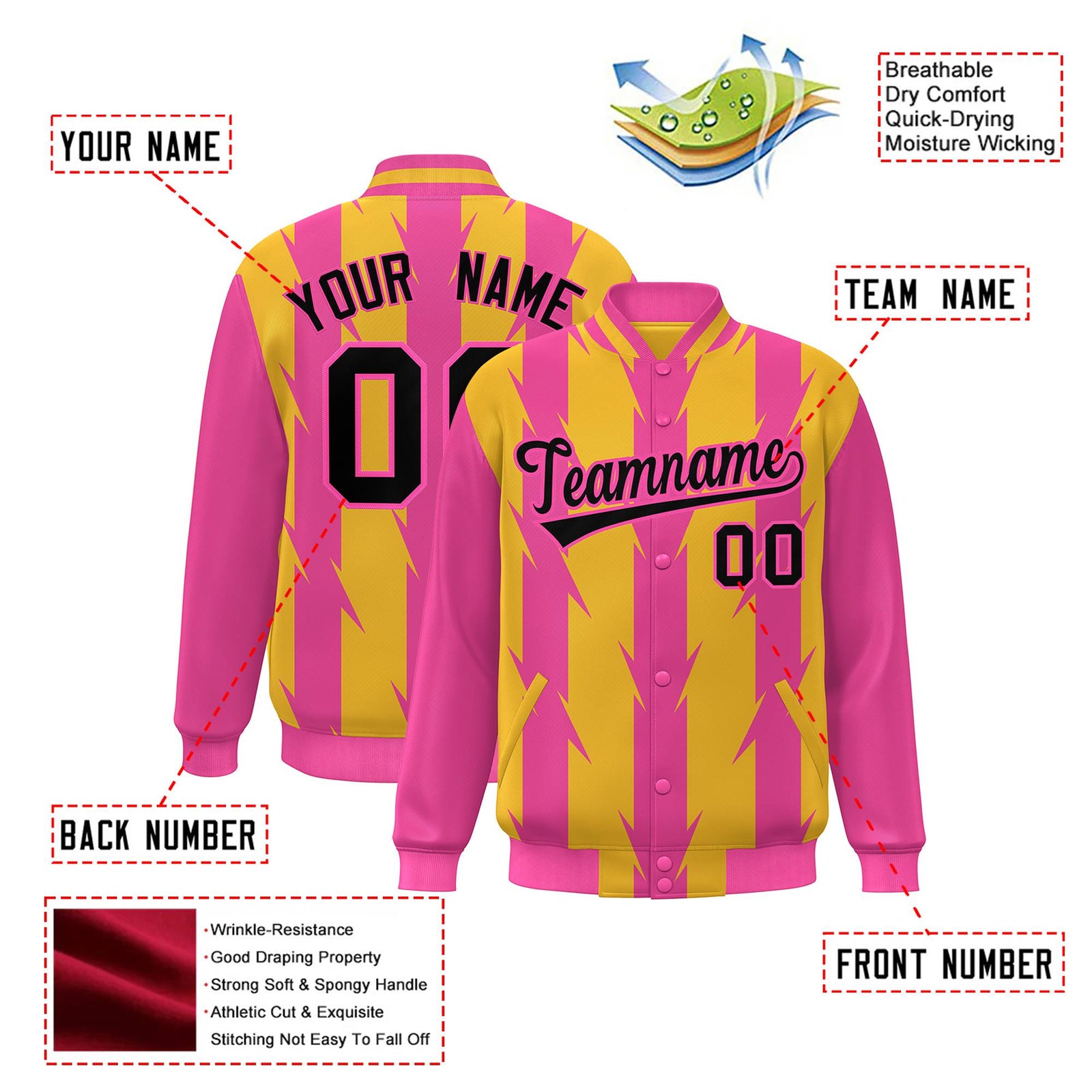 Custom Gold Pink-Black Blade Graffiti Pattern Varsity Full-Snap Jacket