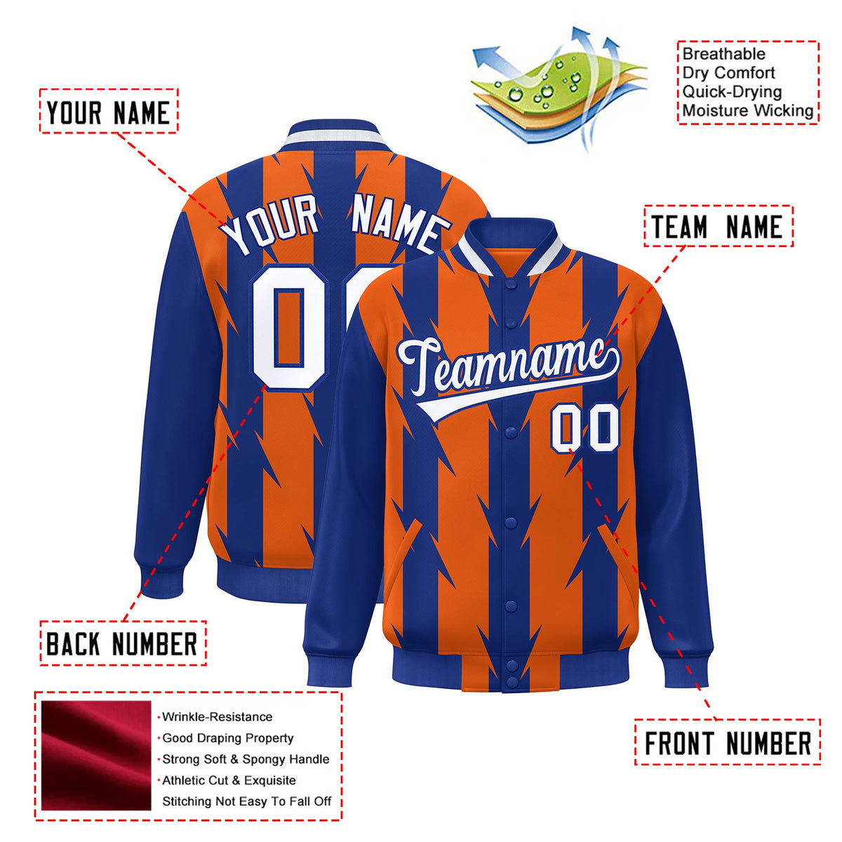 Custom Orange Royal Blue-White Blade Graffiti Pattern Varsity Full-Snap Jacket