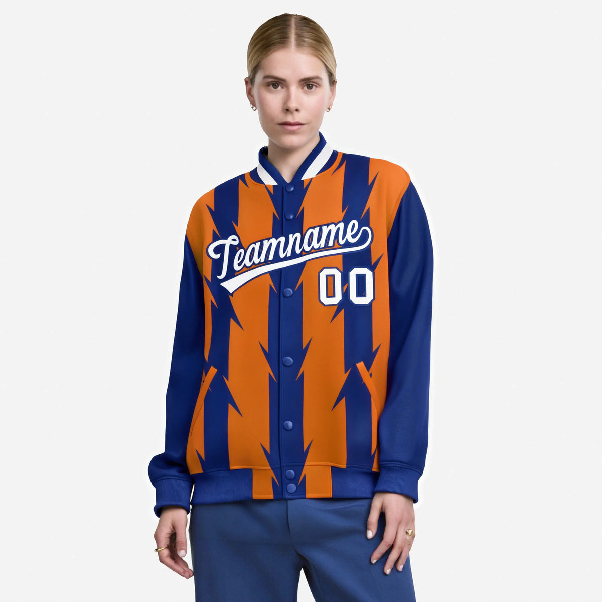 Custom Orange Royal Blue-White Blade Graffiti Pattern Varsity Full-Snap Jacket