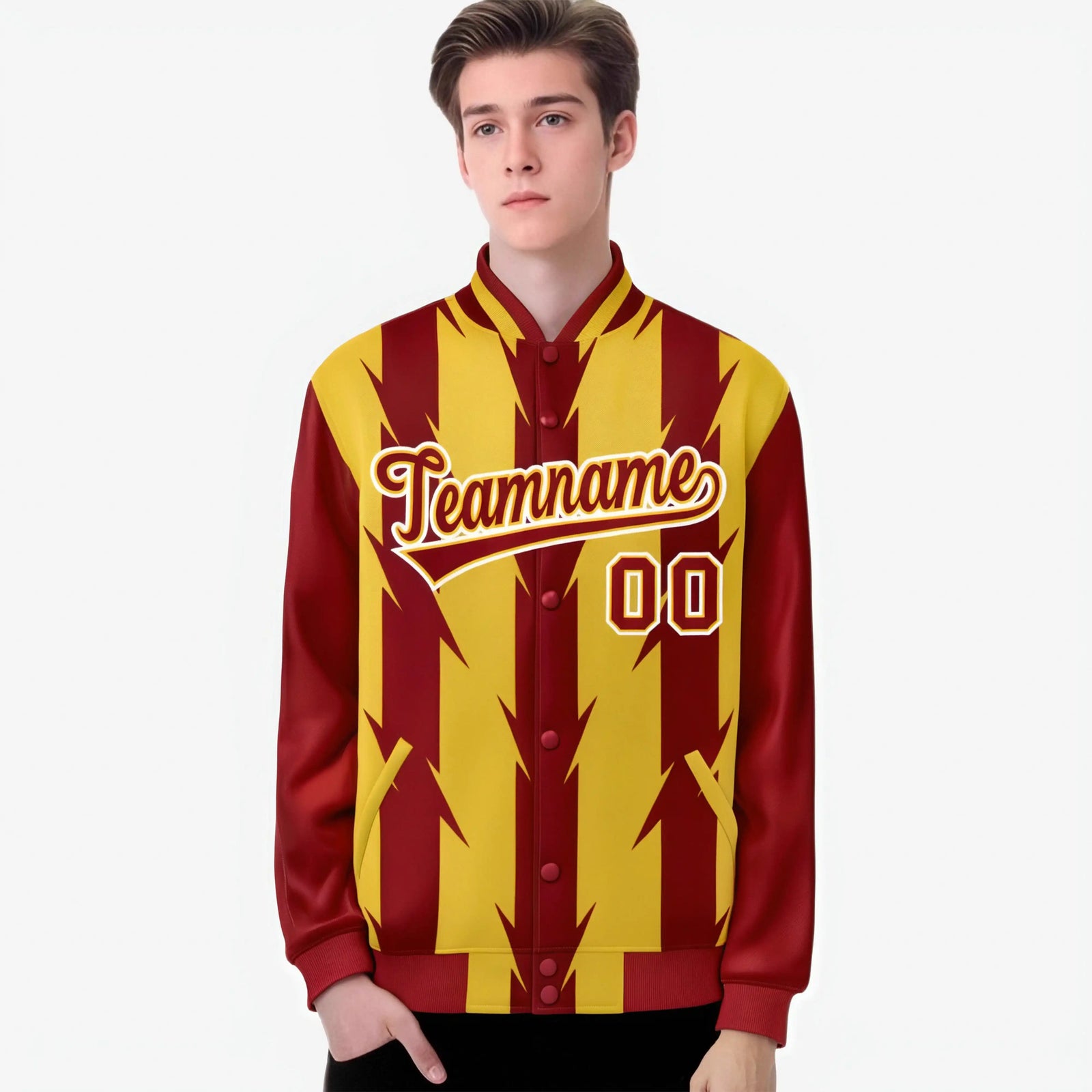 Custom Yellow Red-White Blade Graffiti Pattern Varsity Full-Snap Jacket