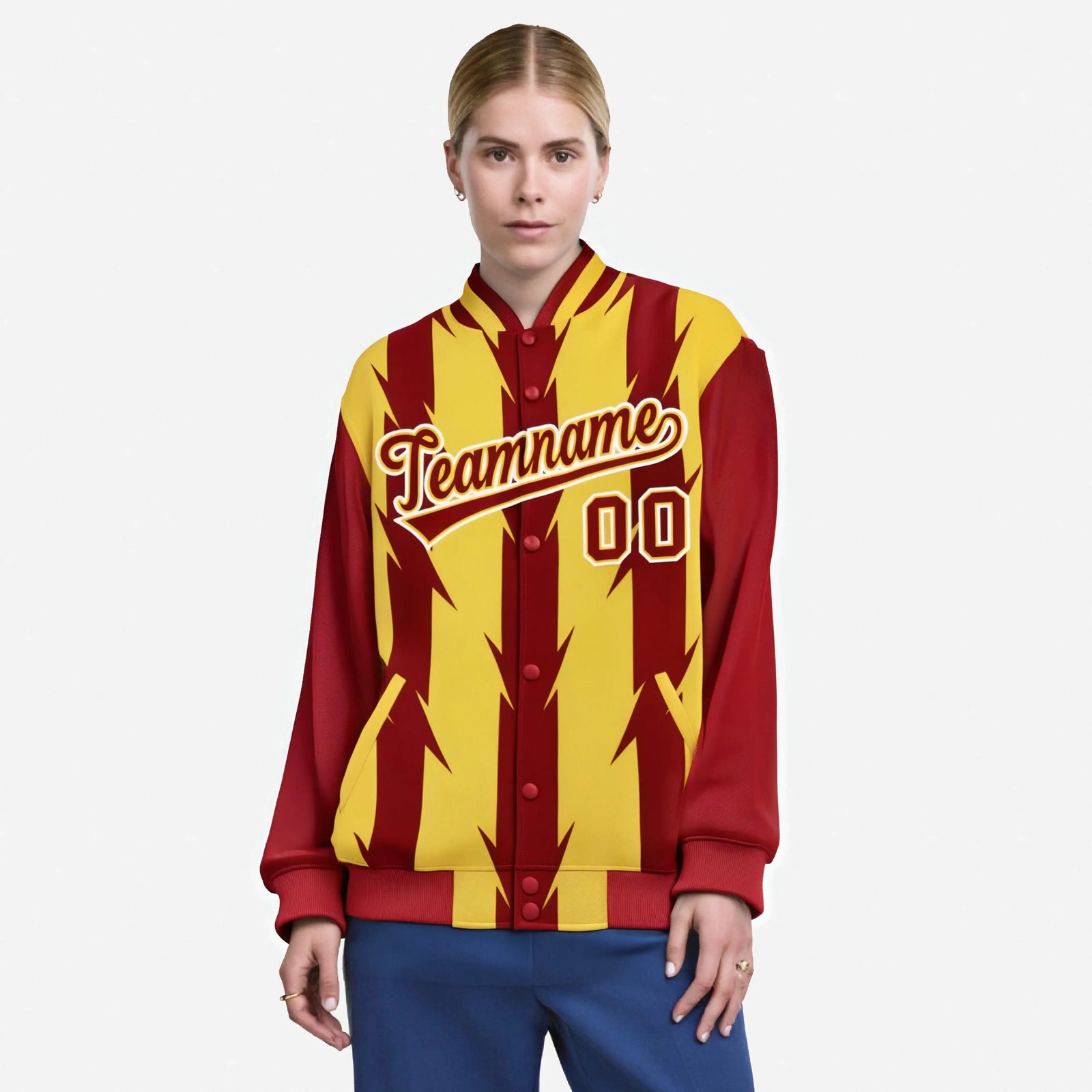 Custom Yellow Red-White Blade Graffiti Pattern Varsity Full-Snap Jacket