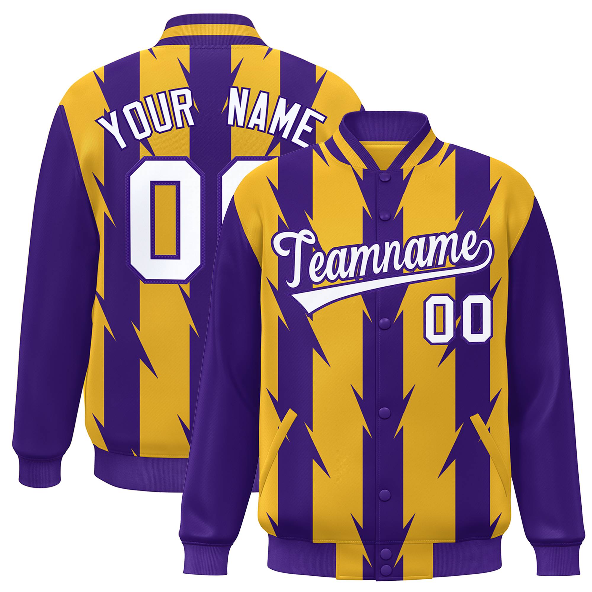 Custom Yellow Purple-White Blade Graffiti Pattern Varsity Full-Snap Jacket