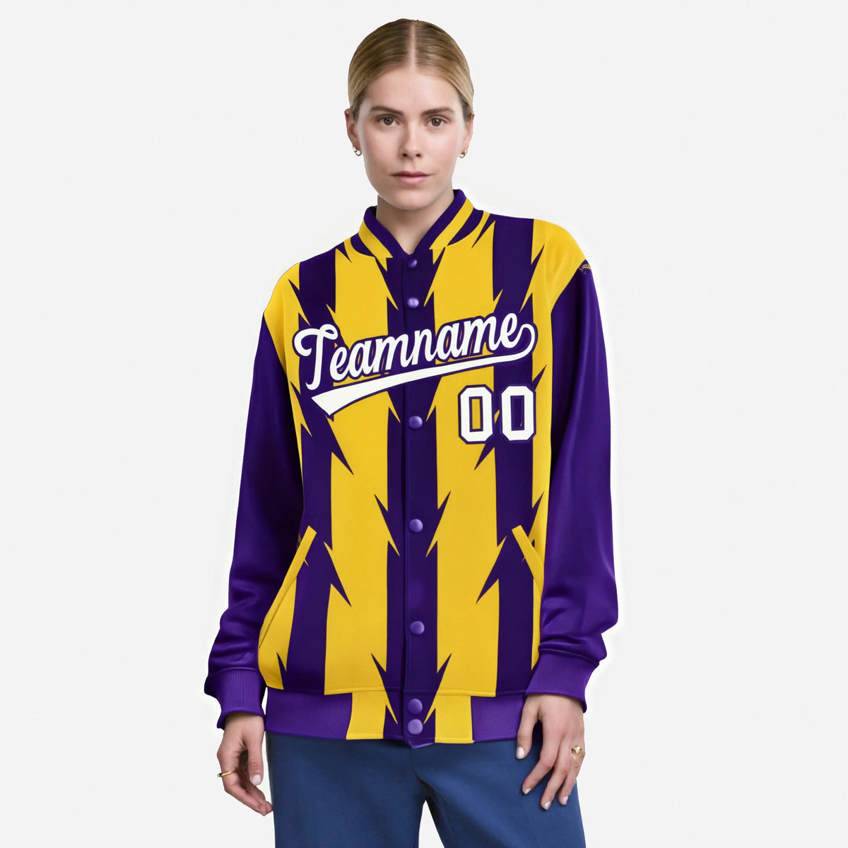 Custom Yellow Purple-White Blade Graffiti Pattern Varsity Full-Snap Jacket