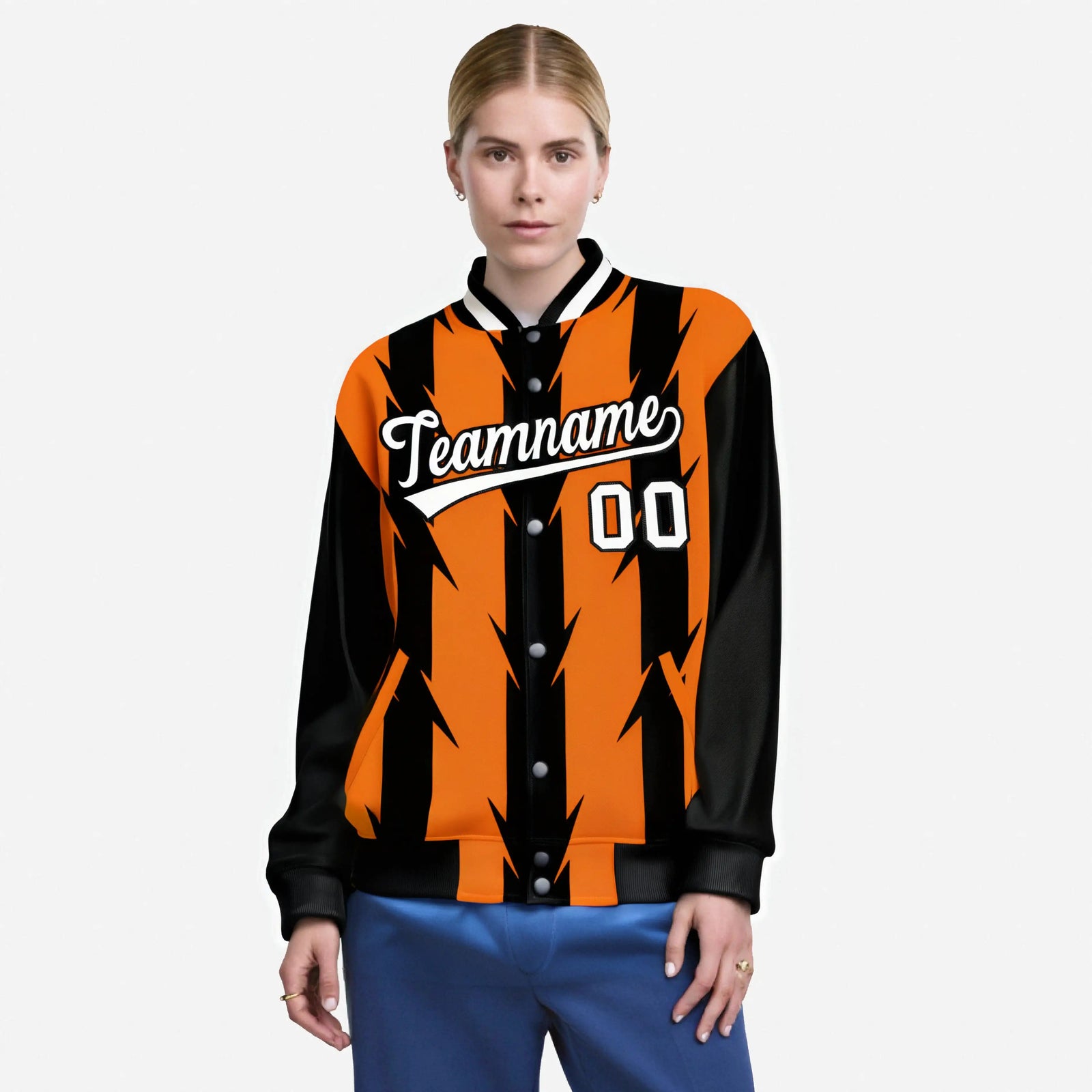 Custom Orange Black-White Blade Graffiti Pattern Varsity Full-Snap Jacket