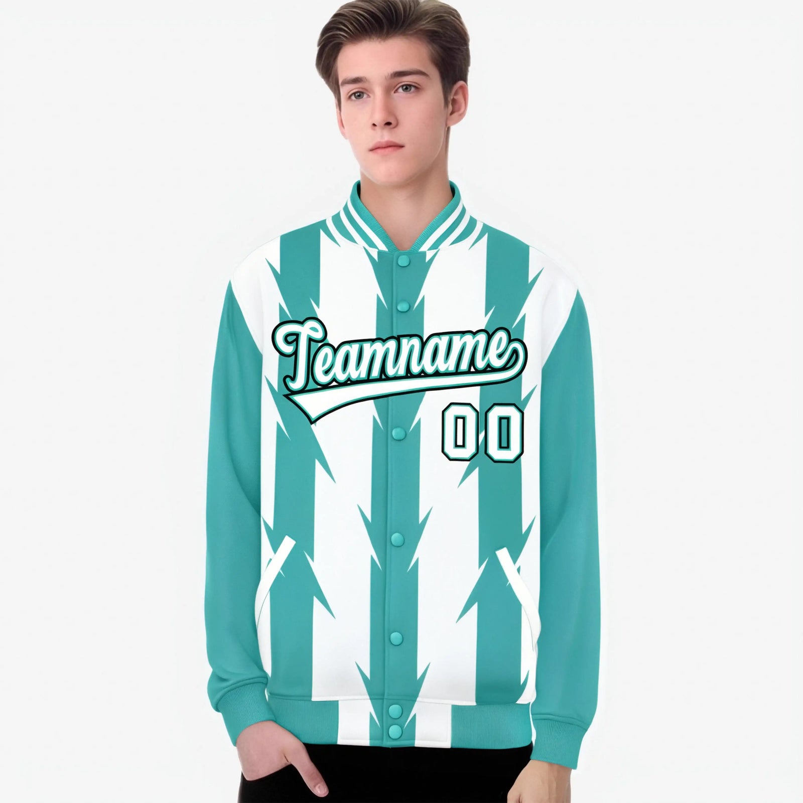 Custom White Aqua-Black Blade Graffiti Pattern Varsity Full-Snap Jacket