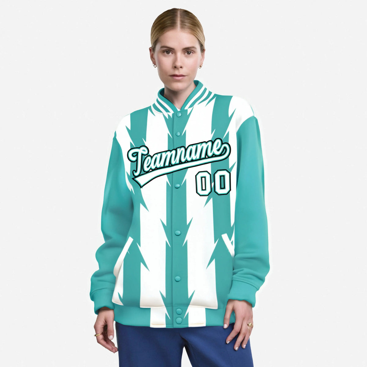 Custom White Aqua-Black Blade Graffiti Pattern Varsity Full-Snap Jacket