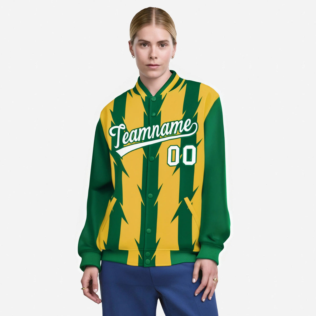 Custom Yellow Green-White Blade Graffiti Pattern Varsity Full-Snap Jacket