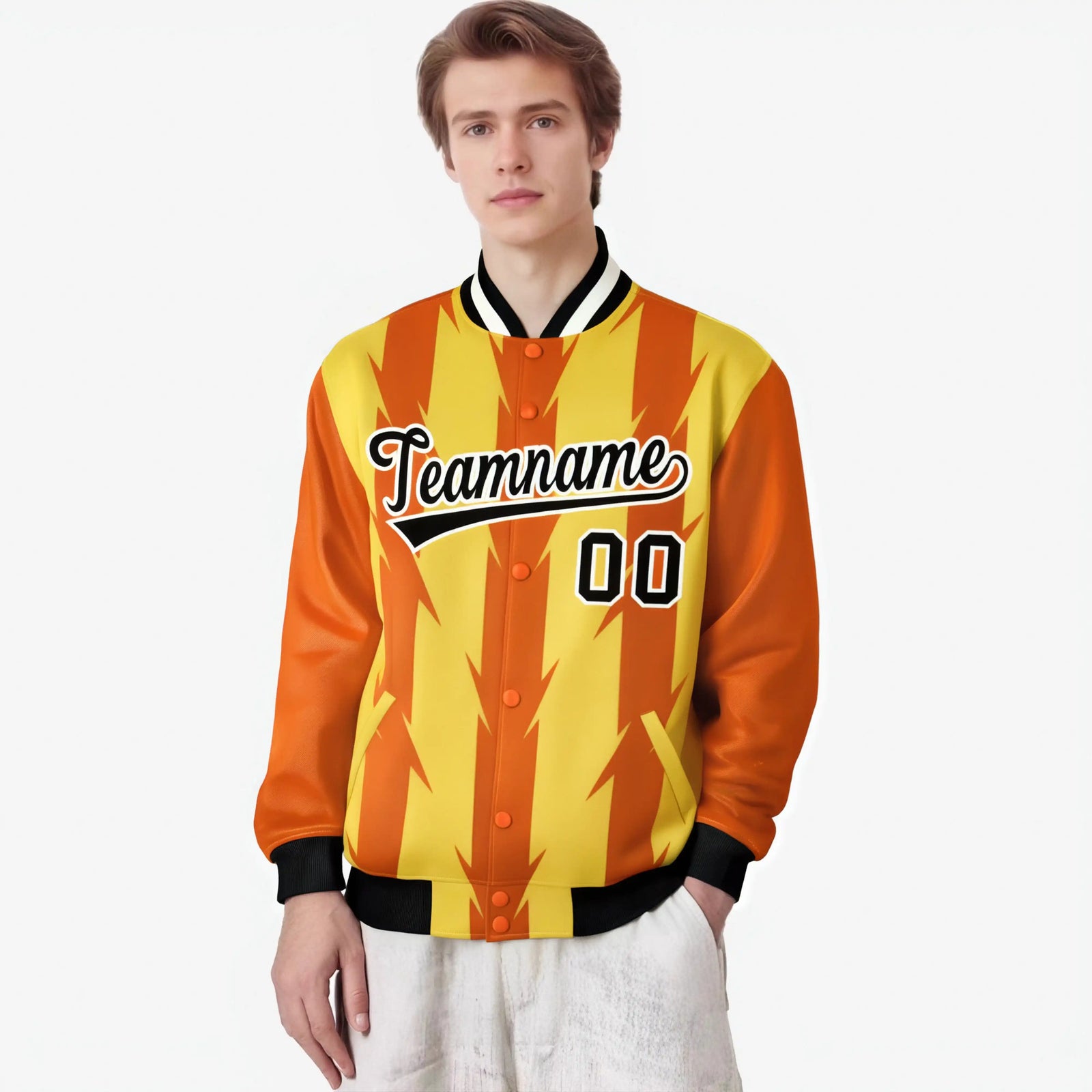 Custom Yellow Orange Black-White Blade Graffiti Pattern Varsity Full-Snap Jacket