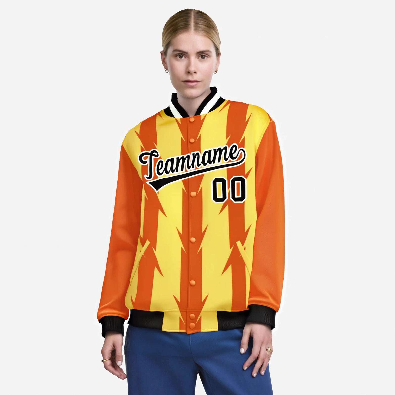 Custom Yellow Orange Black-White Blade Graffiti Pattern Varsity Full-Snap Jacket