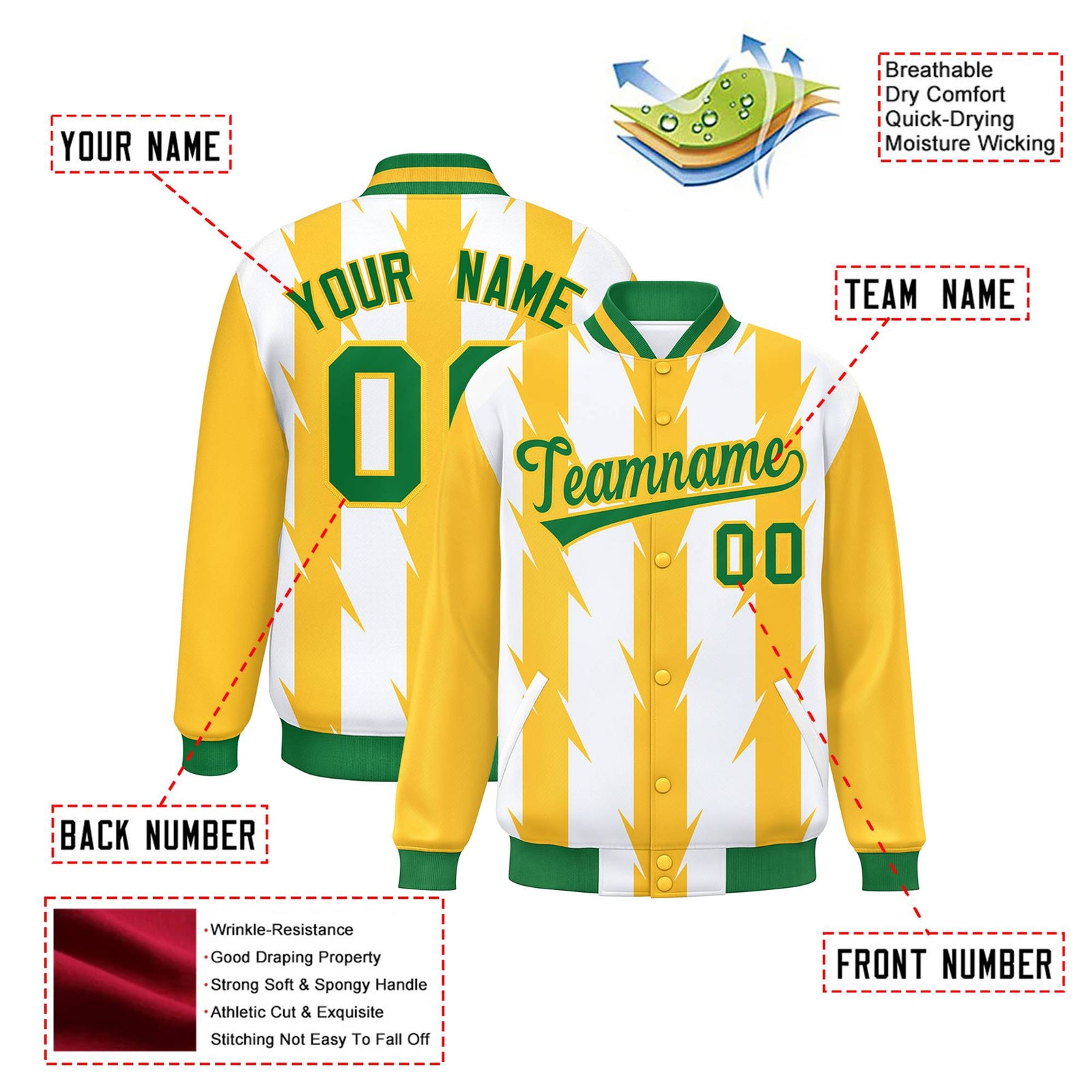 Custom White Gold-Kelly Green Blade Graffiti Pattern Varsity Full-Snap Jacket