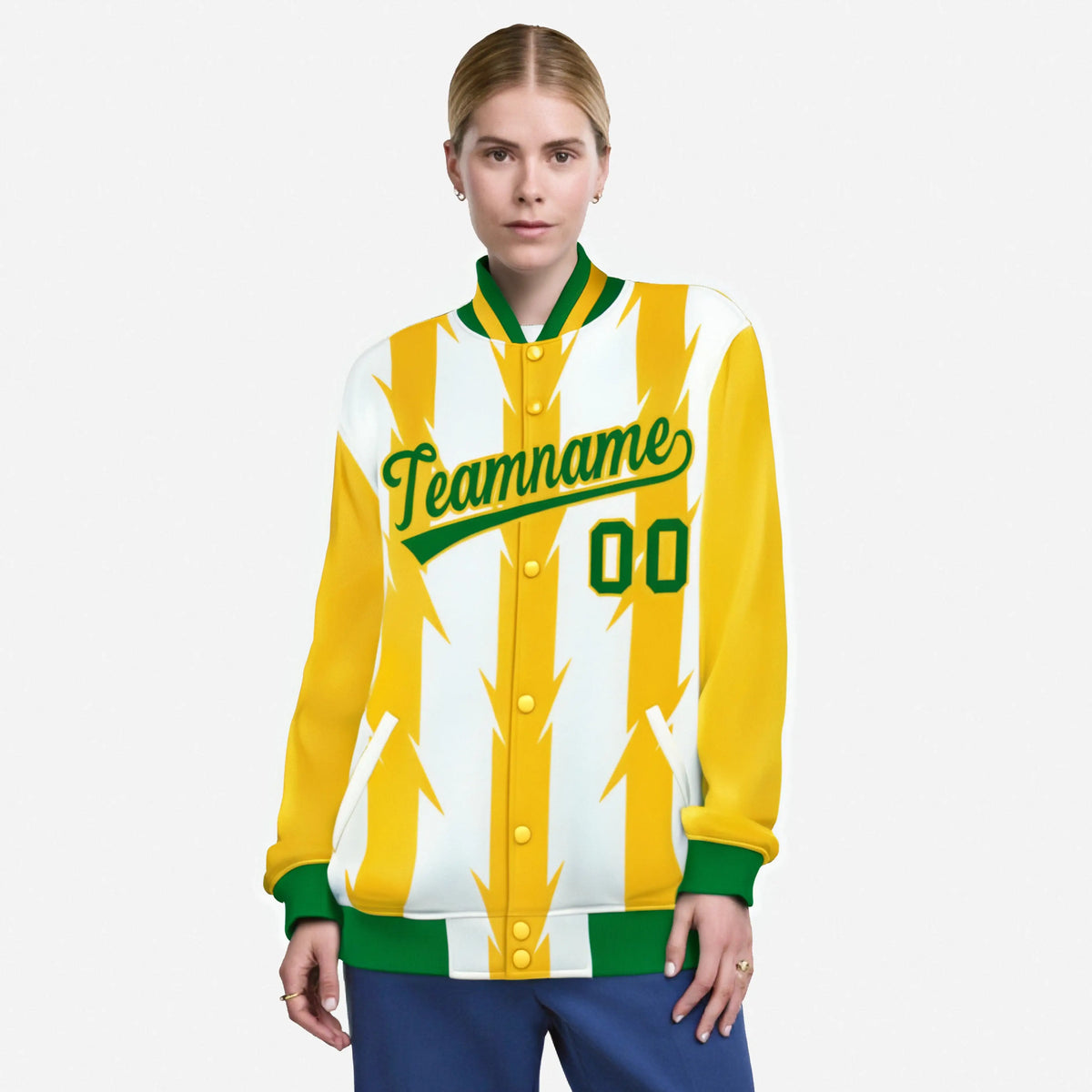 Custom White Gold-Kelly Green Blade Graffiti Pattern Varsity Full-Snap Jacket