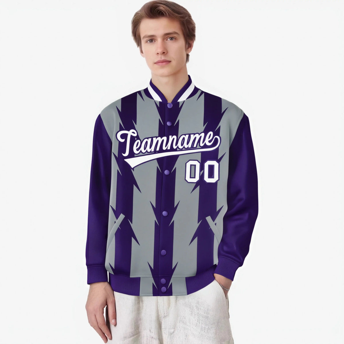 Custom Gray Purple-White Blade Graffiti Pattern Varsity Full-Snap Jacket
