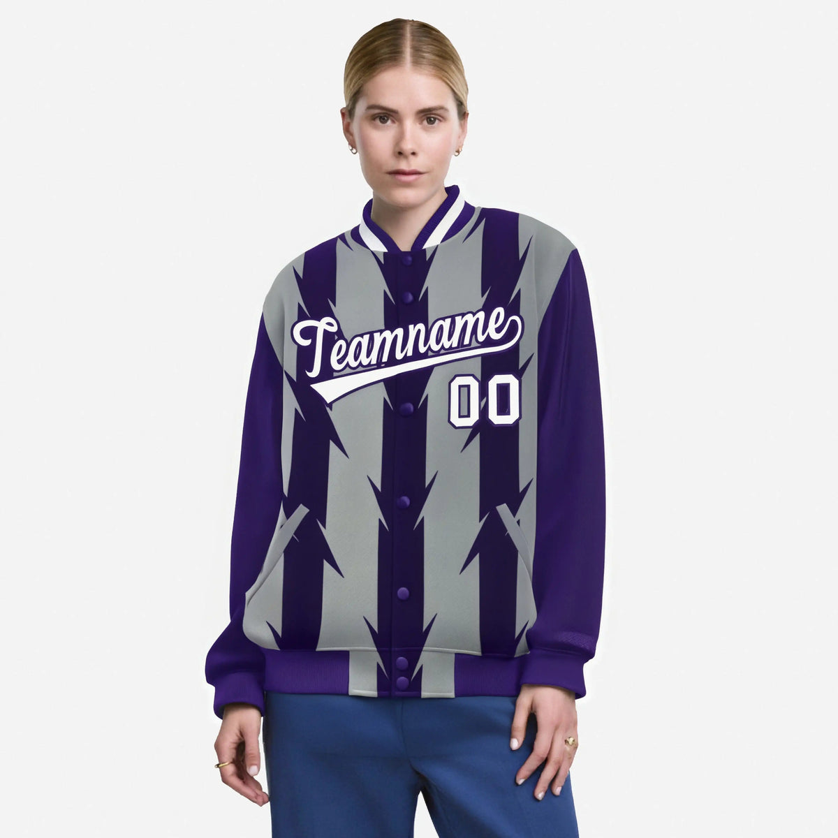 Custom Gray Purple-White Blade Graffiti Pattern Varsity Full-Snap Jacket