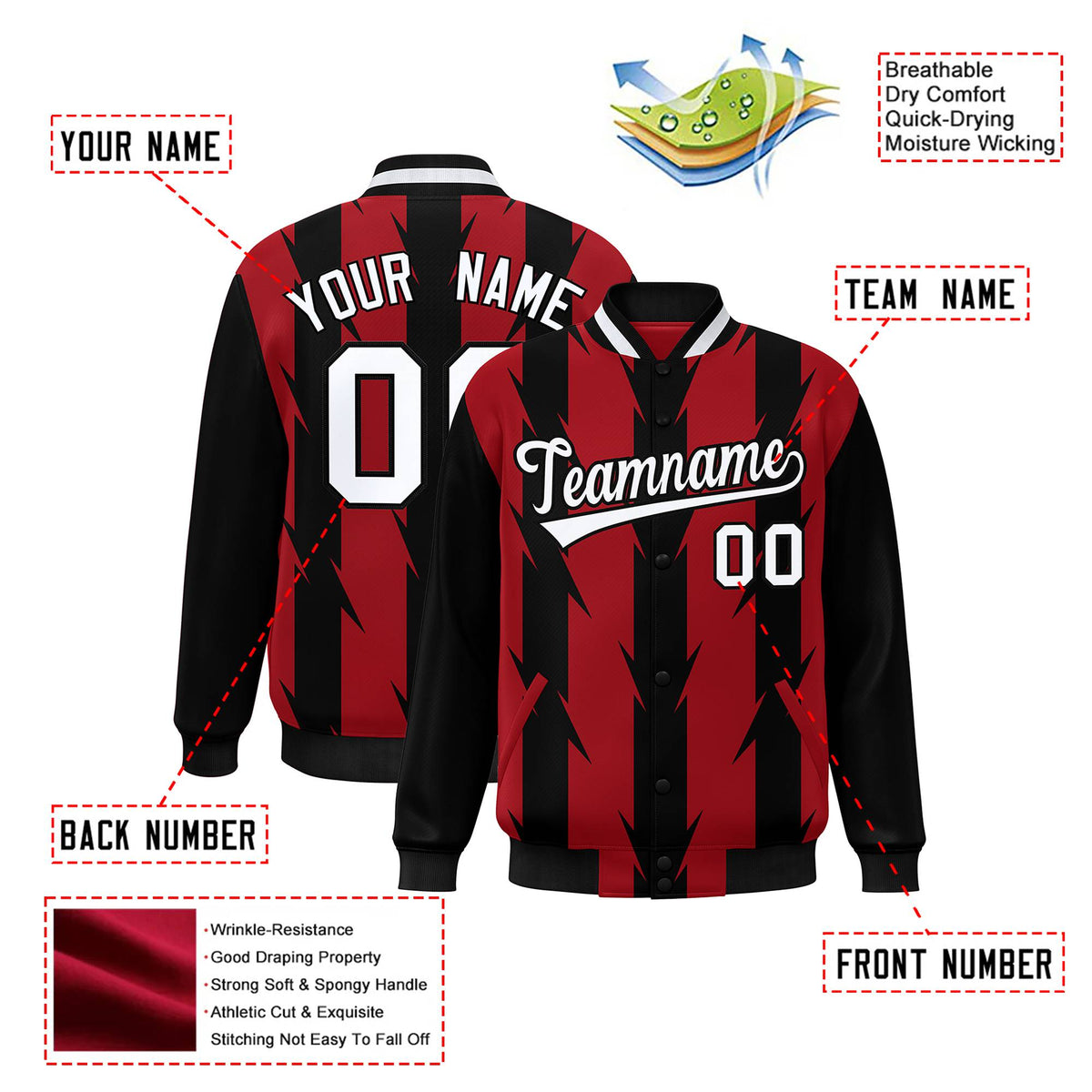 Custom Red Black-White Blade Graffiti Pattern Varsity Full-Snap Jacket