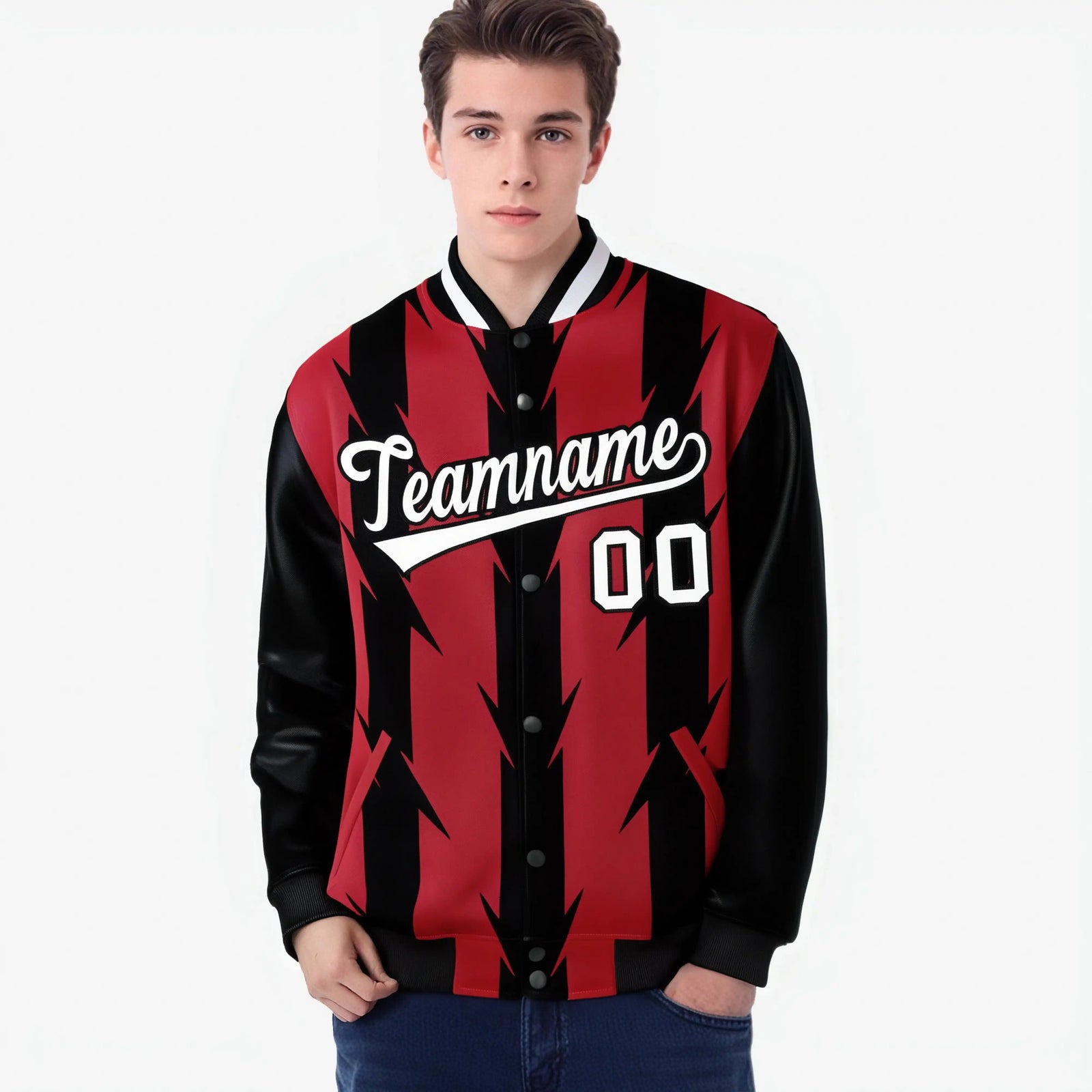 Custom Red Black-White Blade Graffiti Pattern Varsity Full-Snap Jacket