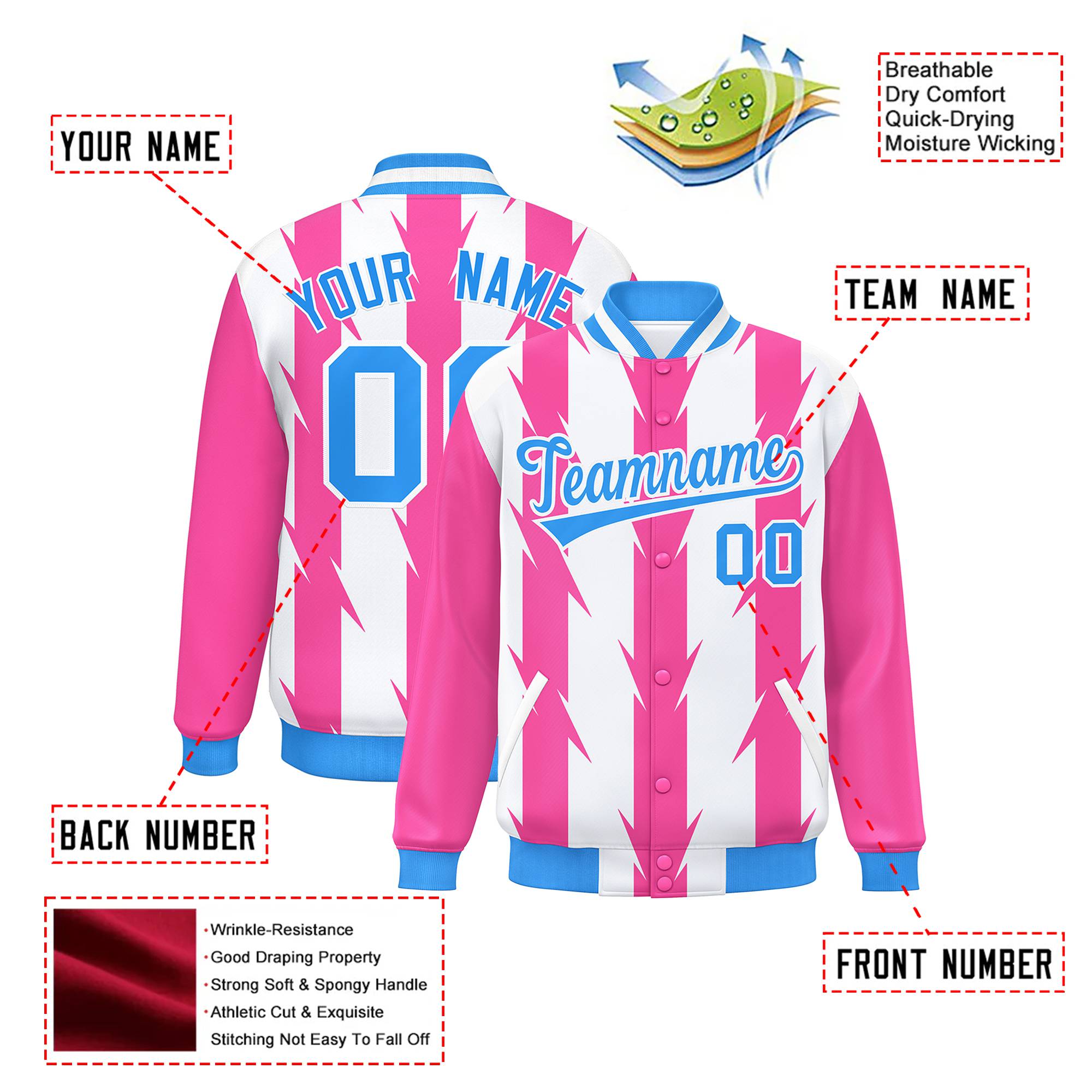 Custom White Pink-Powder Blue Blade Graffiti Pattern Varsity Full-Snap Jacket