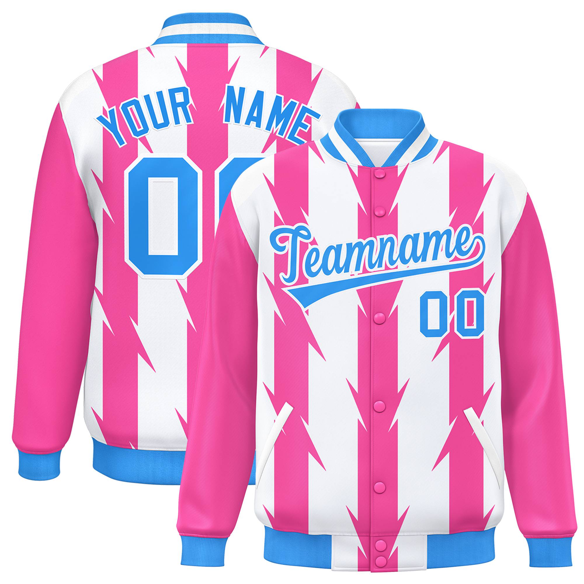 Custom White Pink-Powder Blue Blade Graffiti Pattern Varsity Full-Snap Jacket