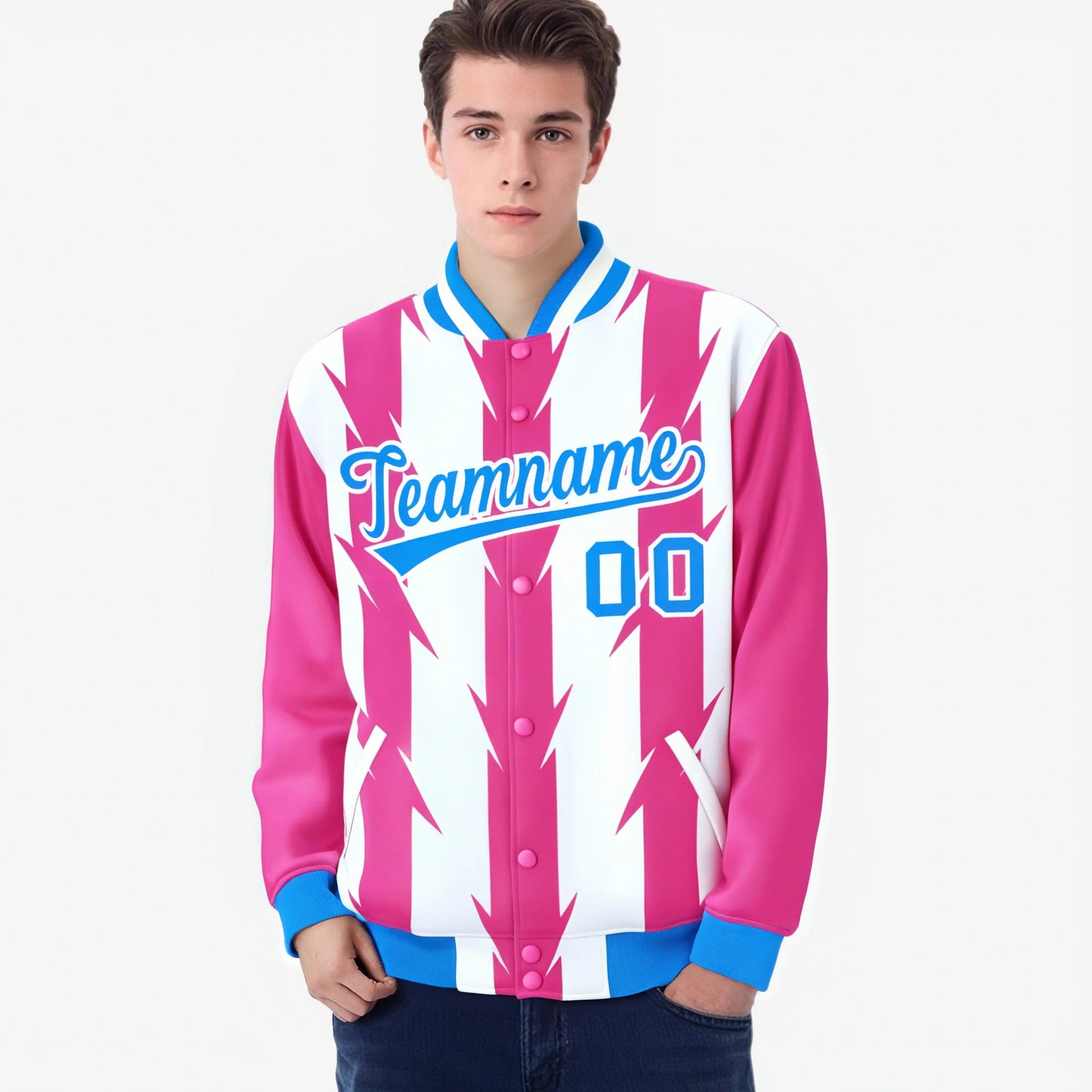 Custom White Pink-Powder Blue Blade Graffiti Pattern Varsity Full-Snap Jacket