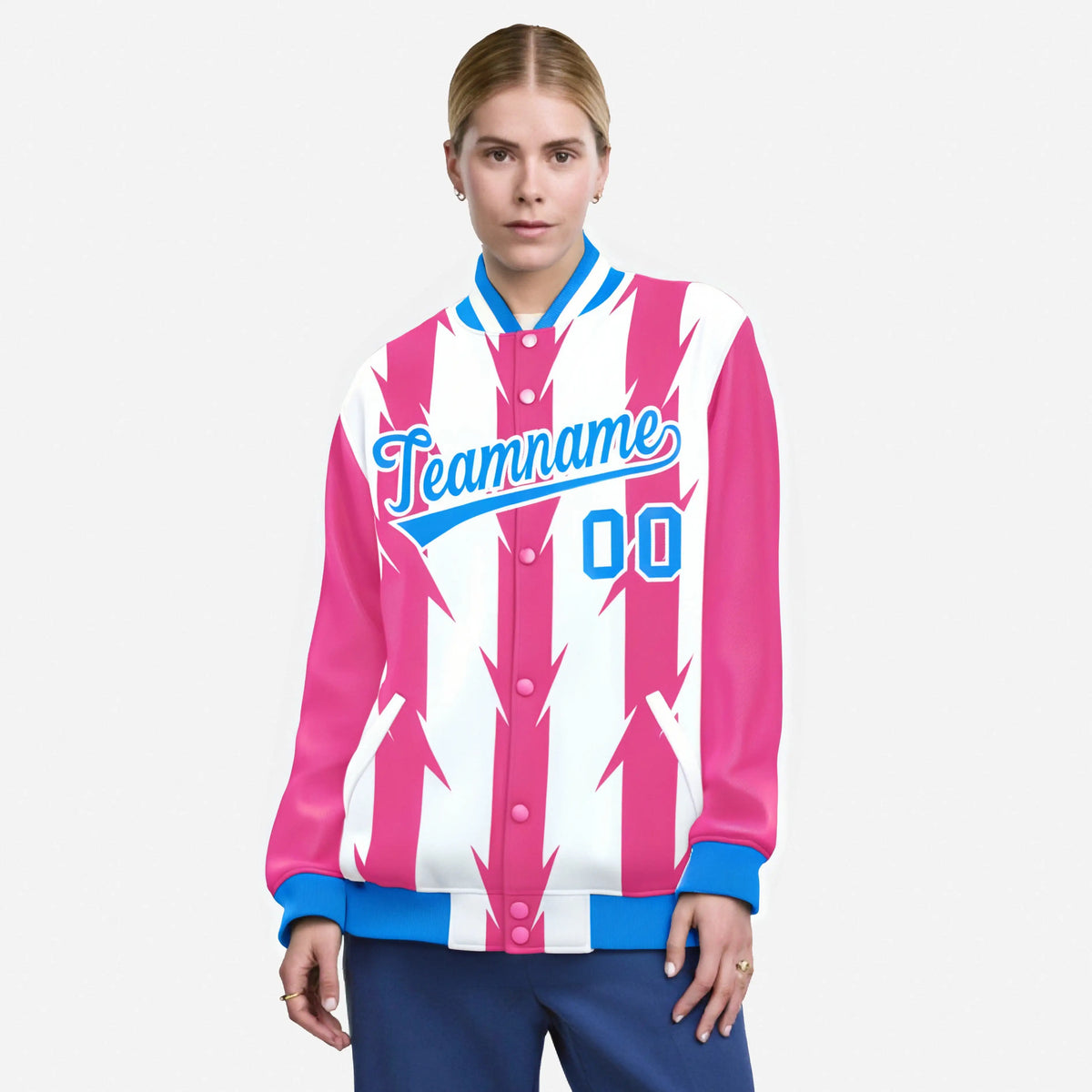 Custom White Pink-Powder Blue Blade Graffiti Pattern Varsity Full-Snap Jacket