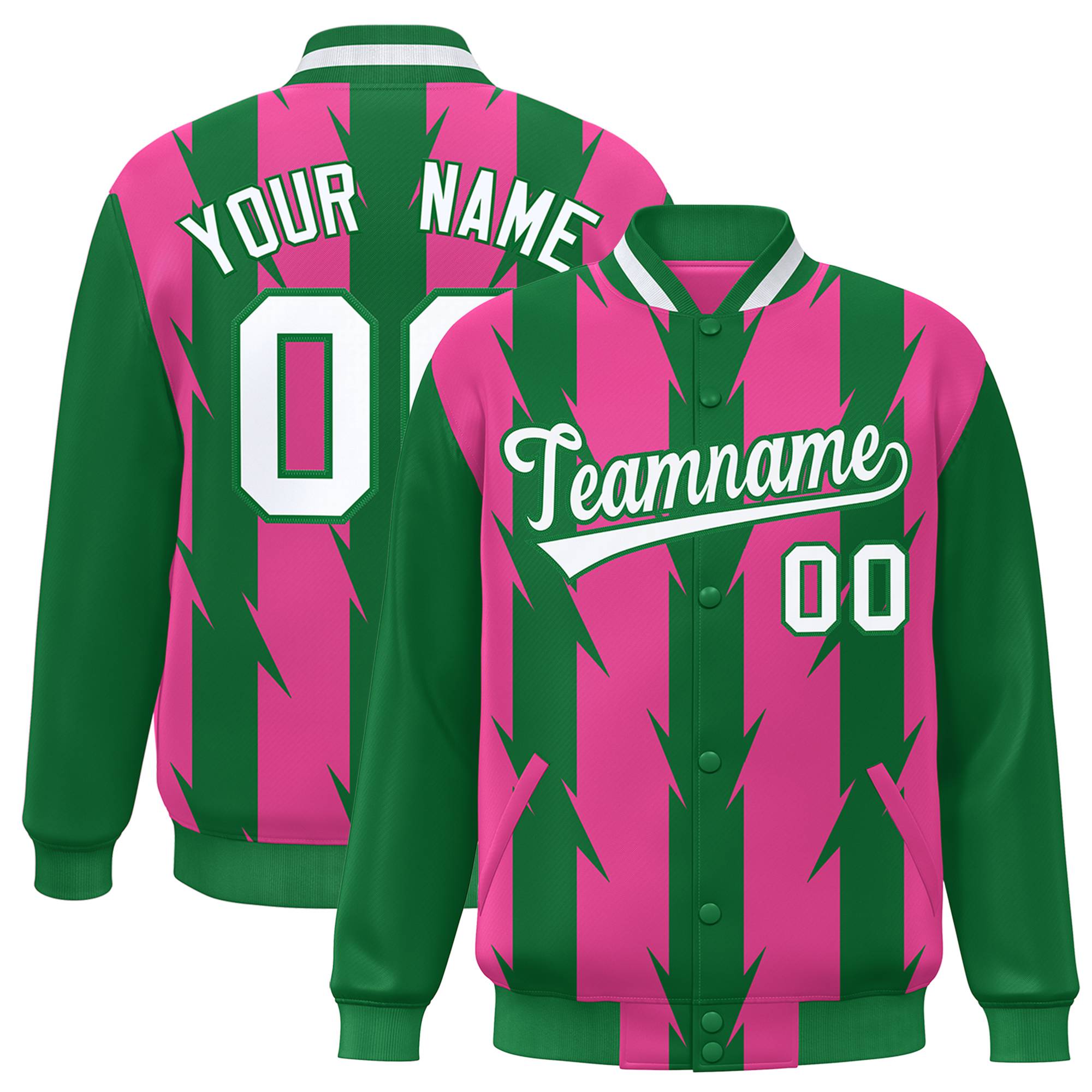 Custom Pink Kelly Green-White Blade Graffiti Pattern Varsity Full-Snap Jacket