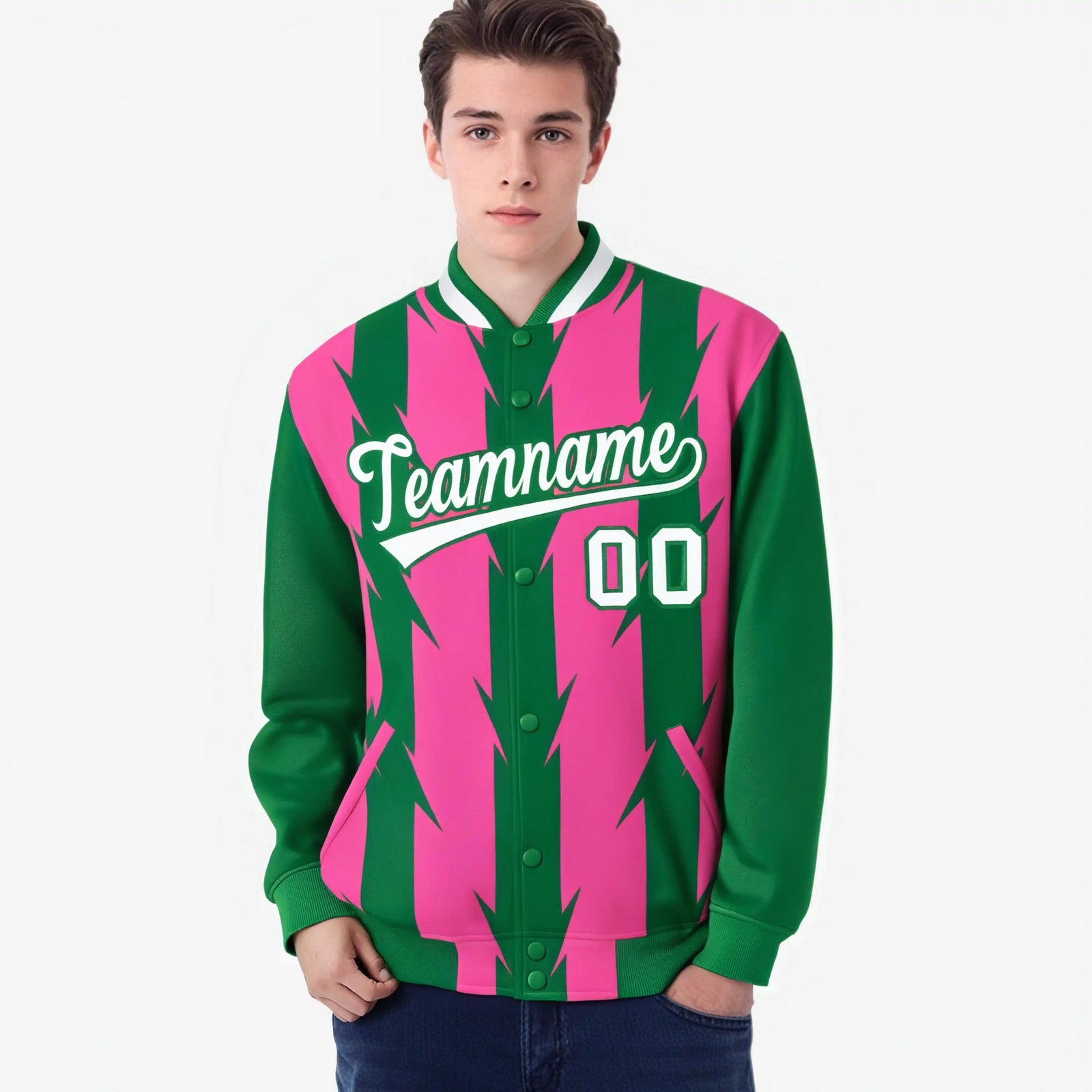 Custom Pink Kelly Green-White Blade Graffiti Pattern Varsity Full-Snap Jacket