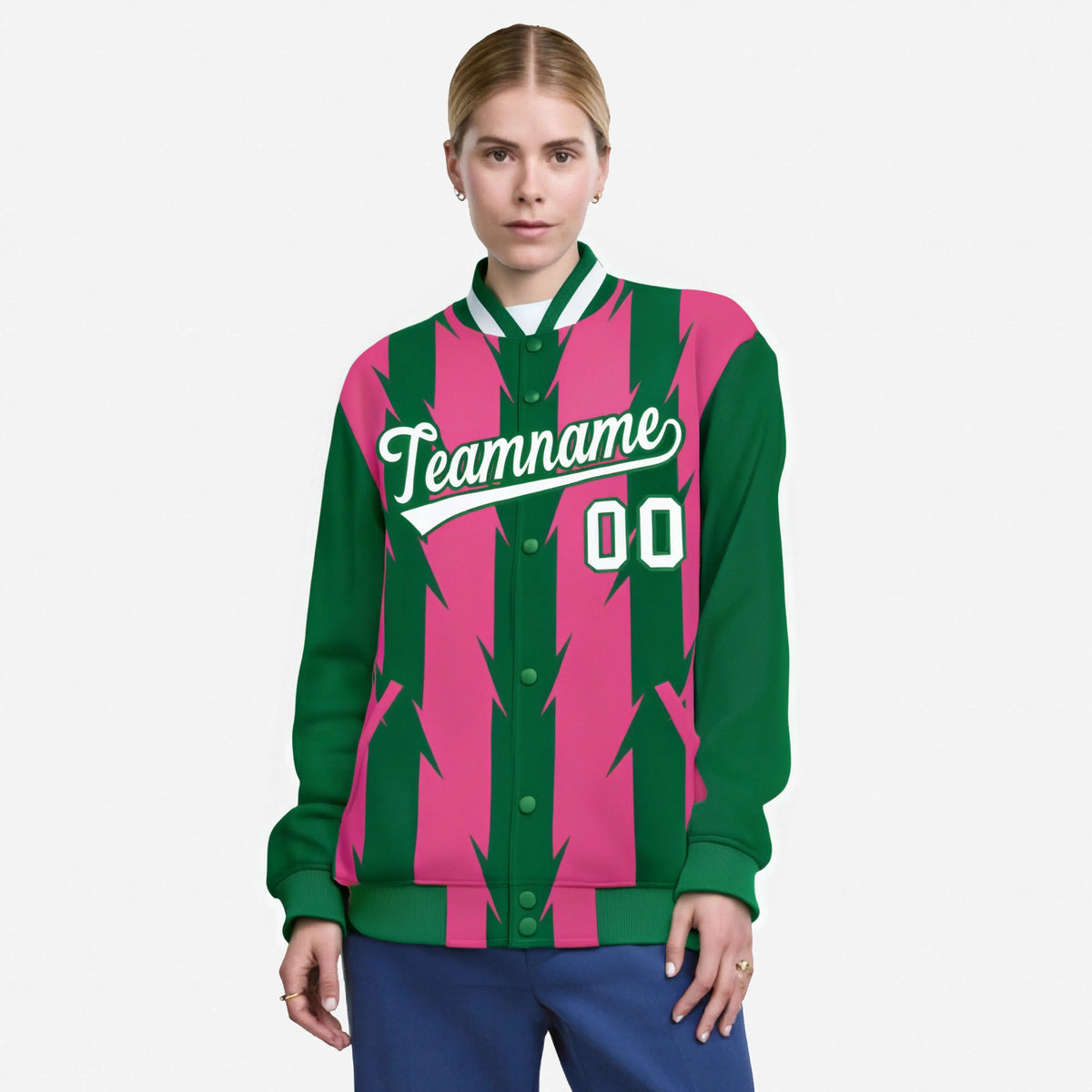 Custom Pink Kelly Green-White Blade Graffiti Pattern Varsity Full-Snap Jacket