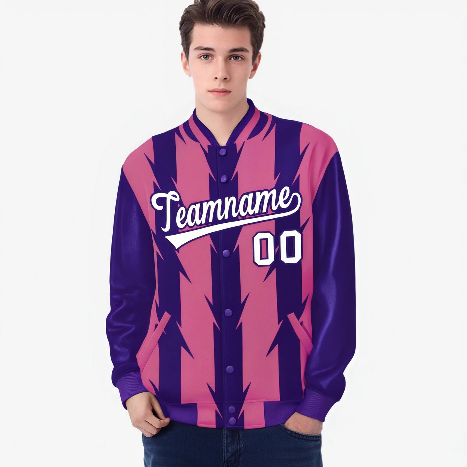 Custom Pink Purple-White Blade Graffiti Pattern Varsity Full-Snap Jacket