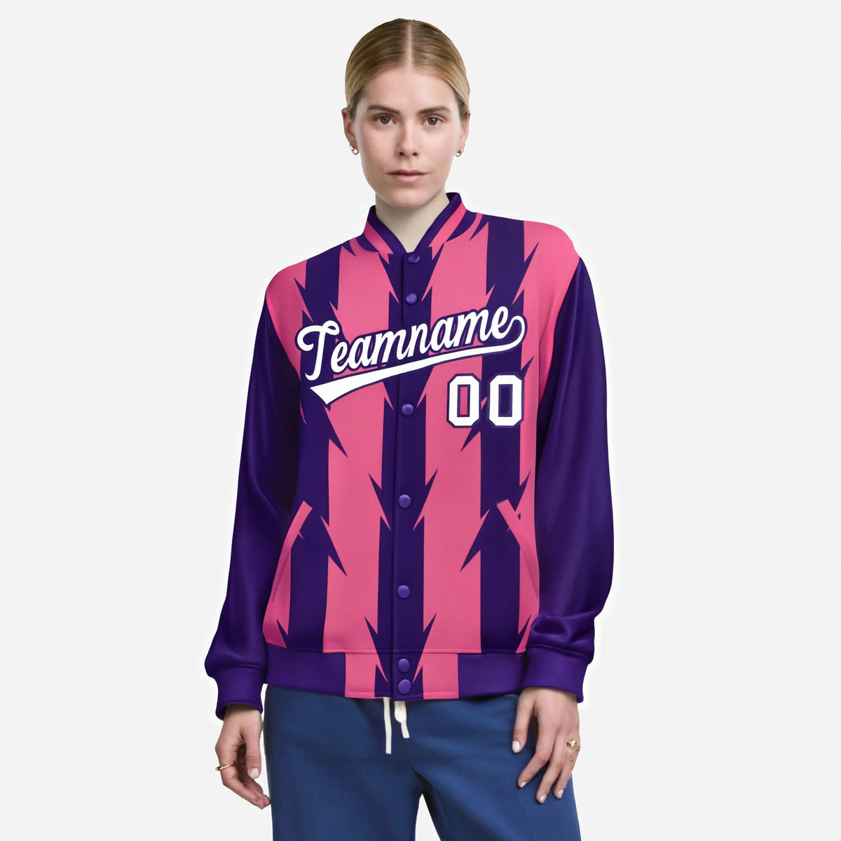 Custom Pink Purple-White Blade Graffiti Pattern Varsity Full-Snap Jacket