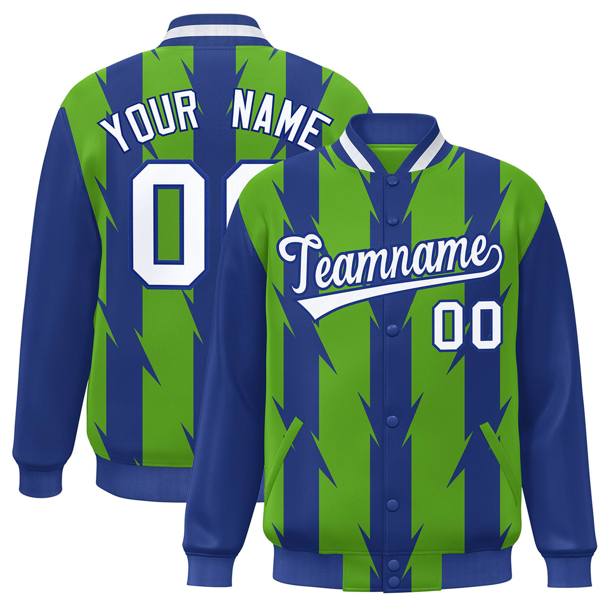 Custom Neon Green Royal Blue-White Blade Graffiti Pattern Varsity Full-Snap Jacket