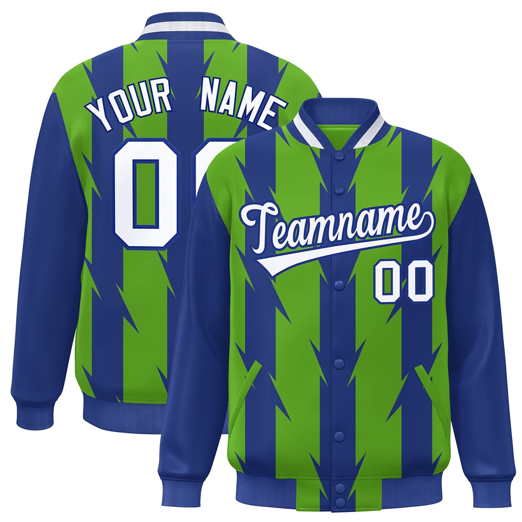 Custom Neon Green Royal Blue-White Blade Graffiti Pattern Varsity Full-Snap Jacket