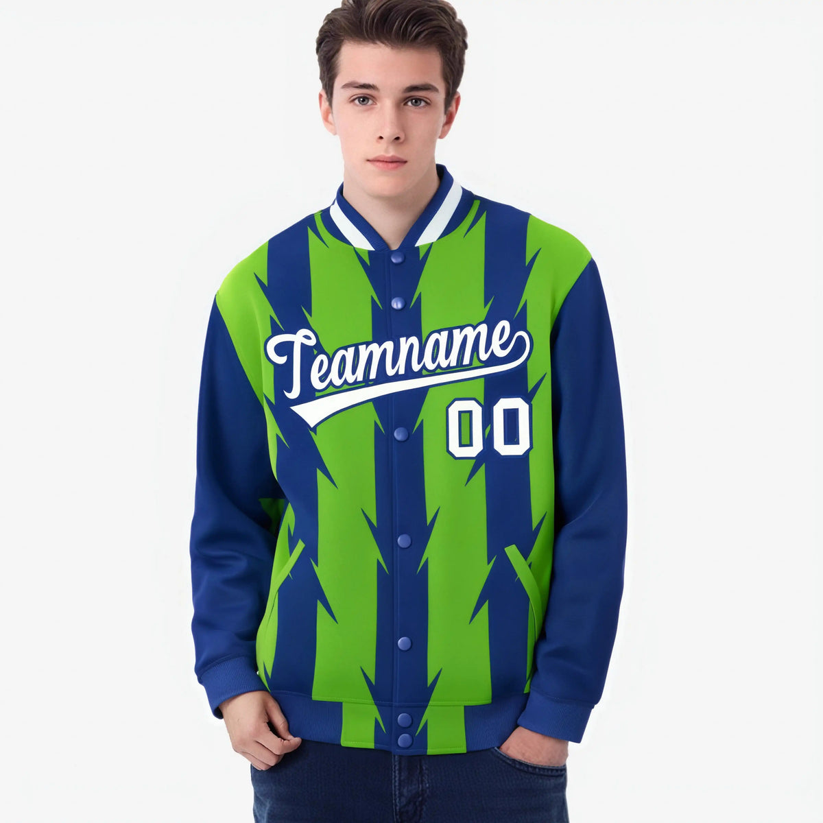 Custom Neon Green Royal Blue-White Blade Graffiti Pattern Varsity Full-Snap Jacket